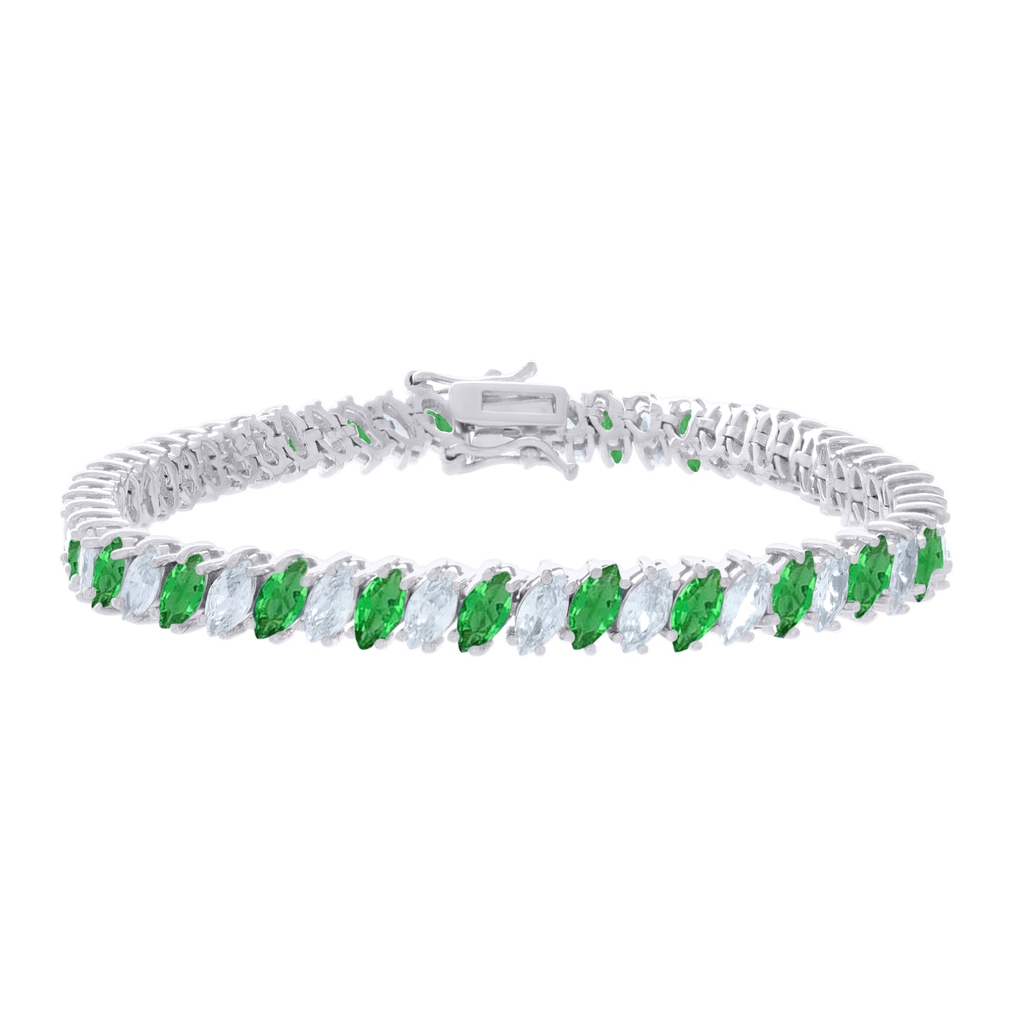 Sterling Silver Womens Green White Marquise Cubic-Zirconia Fashion Link Bracelet 7.25