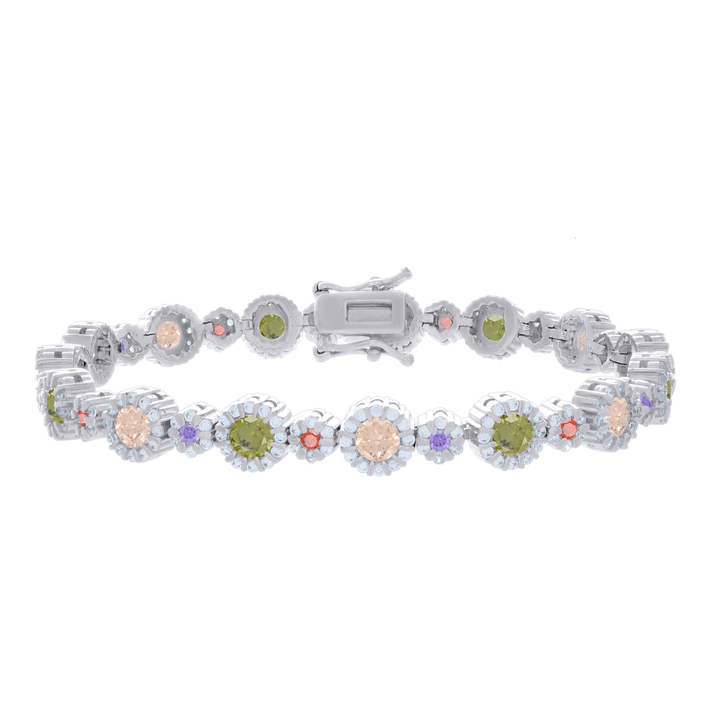 Sterling Silver Womens Multi-Color White Cubic-Zirconia Fashion Link Bracelet 7