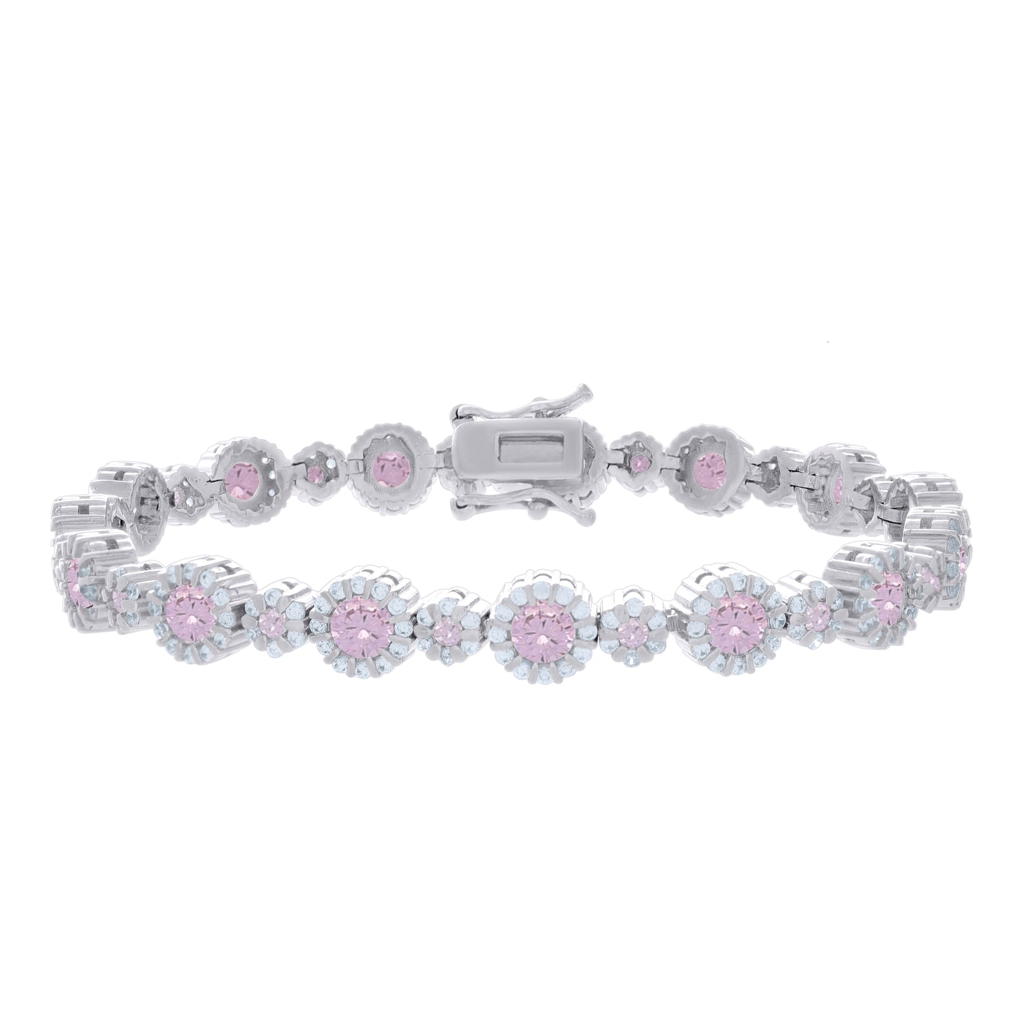 Sterling Silver Womens Pink White Cubic-Zirconia Fashion Link Bracelet 7
