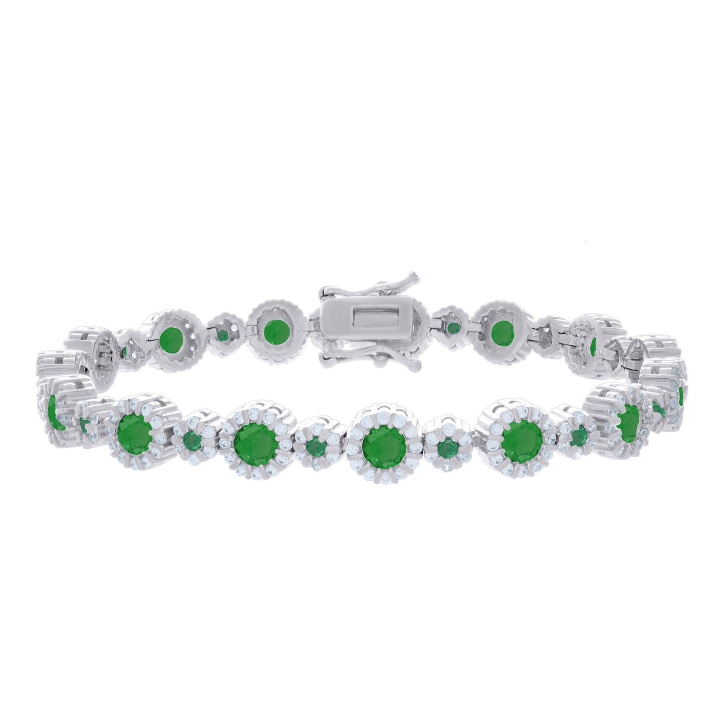 Sterling Silver Womens Green White Cubic-Zirconia Fashion Link Bracelet 7