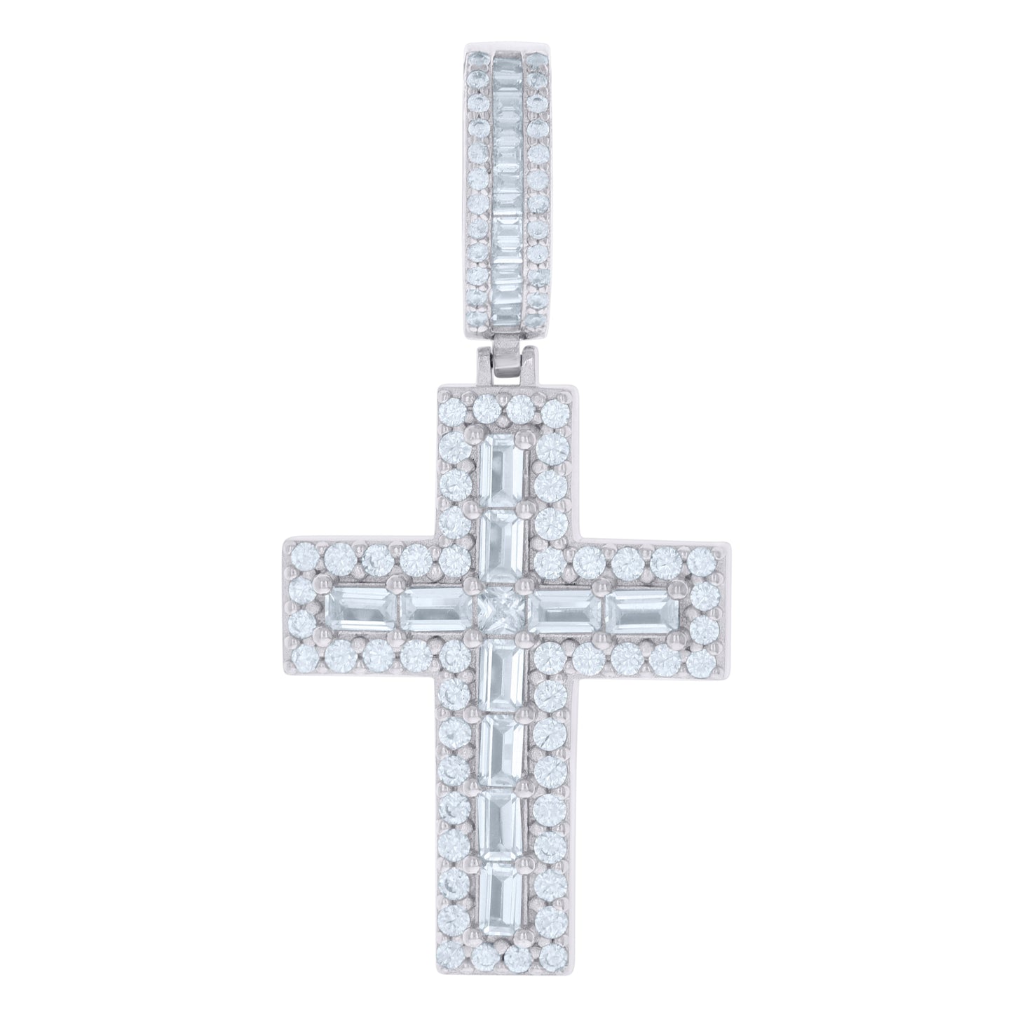Sterling Silver Mens Baguette Round Cubic-Zirconia Cross Religious Charm Pendant