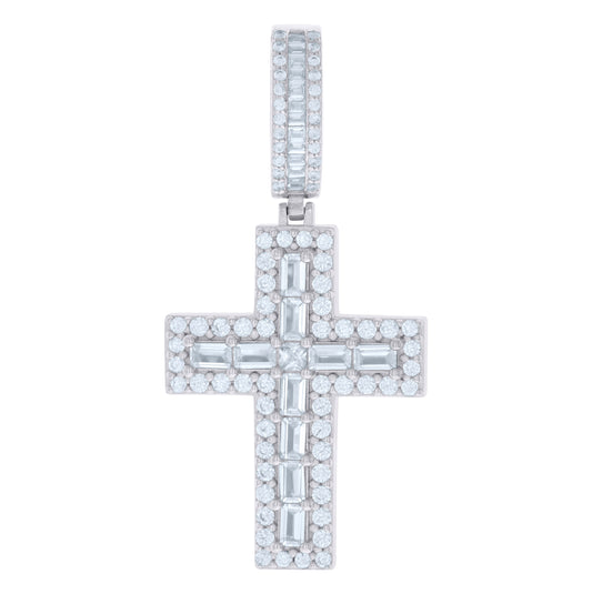 Sterling Silver Mens Baguette Round Cubic-Zirconia Cross Religious Charm Pendant