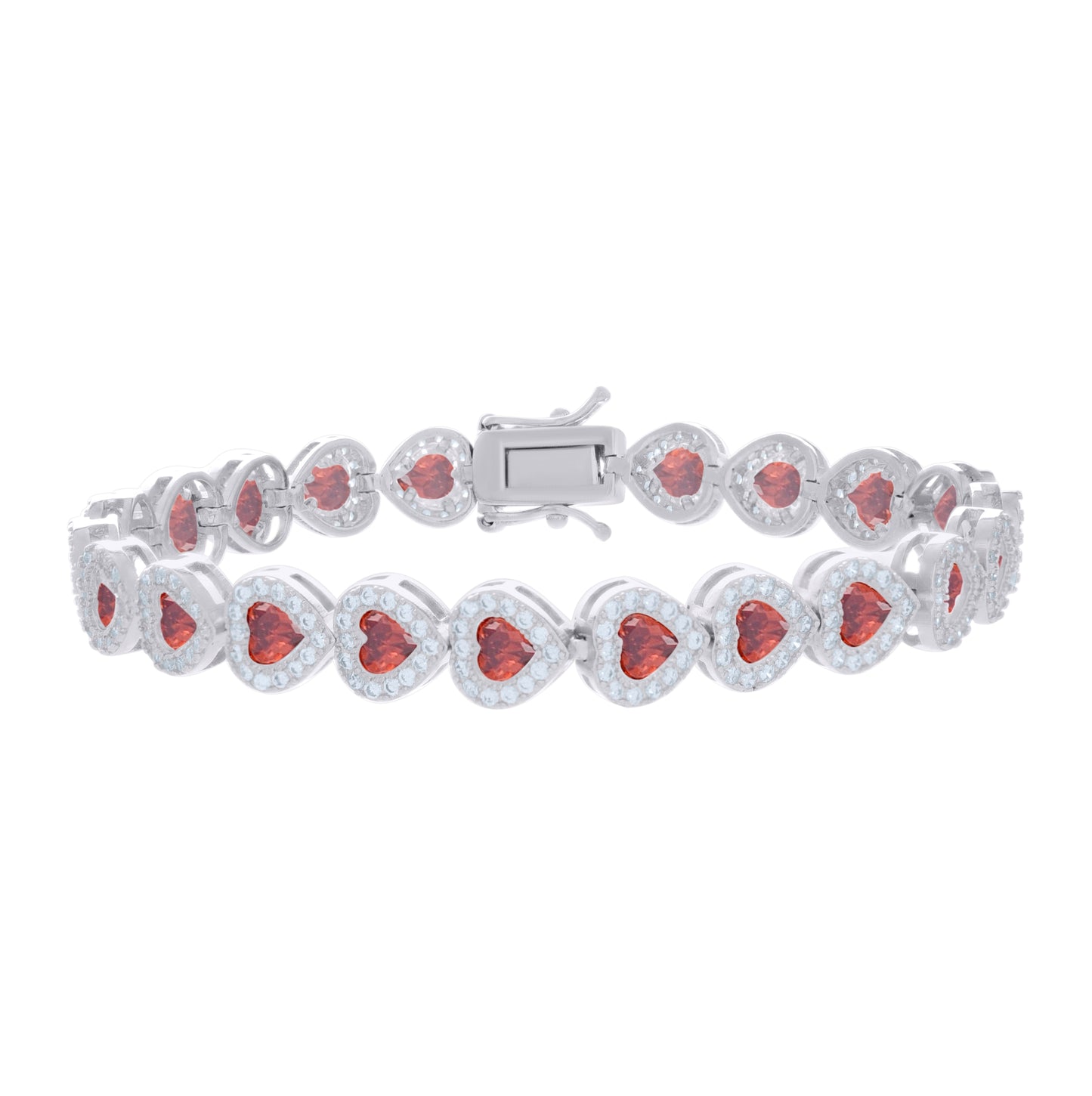 Sterling Silver Womens Red White Heart Round Cubic-Zirconia Heart Fashion Link Bracelet 7.25