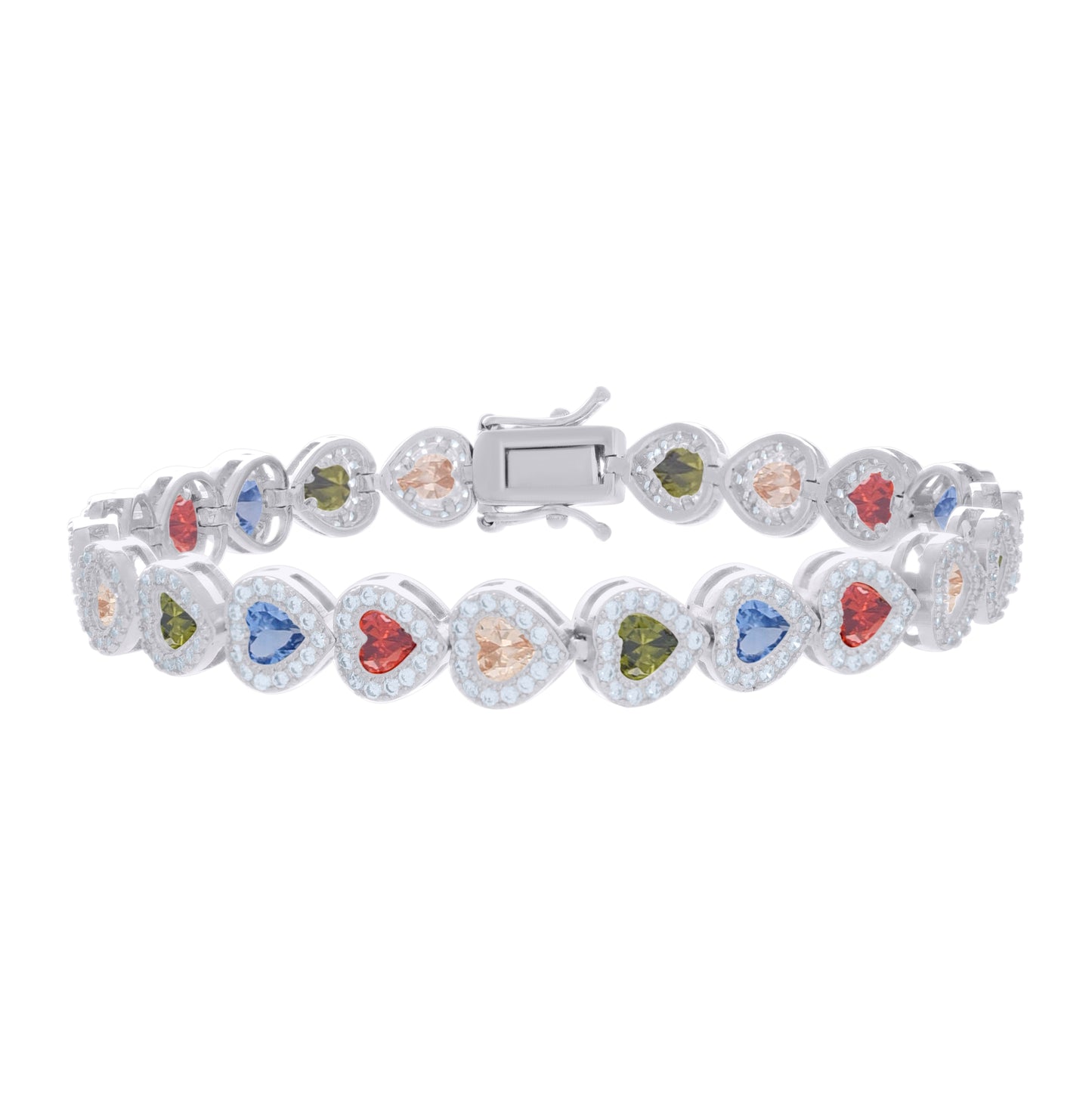 Sterling Silver Womens Multi-Color White Heart Round Cubic-Zirconia Heart Fashion Link Bracelet 7.25