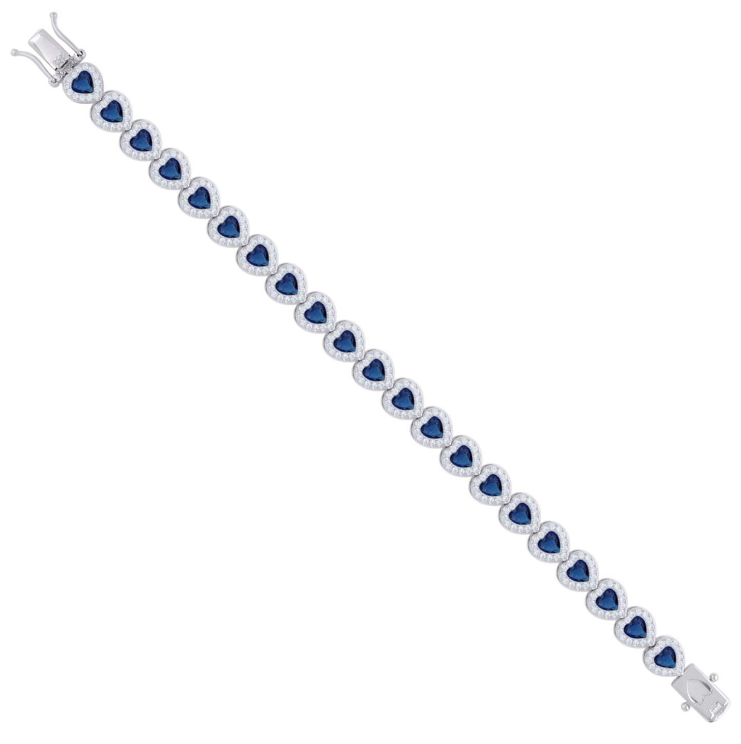Sterling Silver Womens Dark Blue White Heart Round Cubic-Zirconia Heart Fashion Link Bracelet 7.25