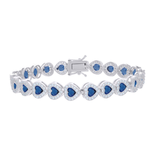 Sterling Silver Womens Dark Blue White Heart Round Cubic-Zirconia Heart Fashion Link Bracelet 7.25