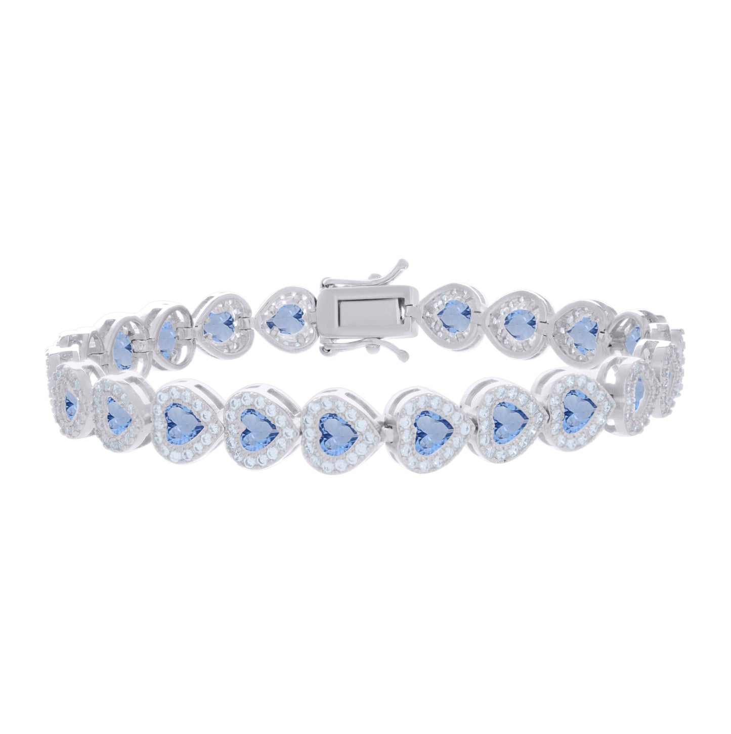 Sterling Silver Womens Light Blue White Heart Round Cubic-Zirconia Heart Fashion Link Bracelet 7.25