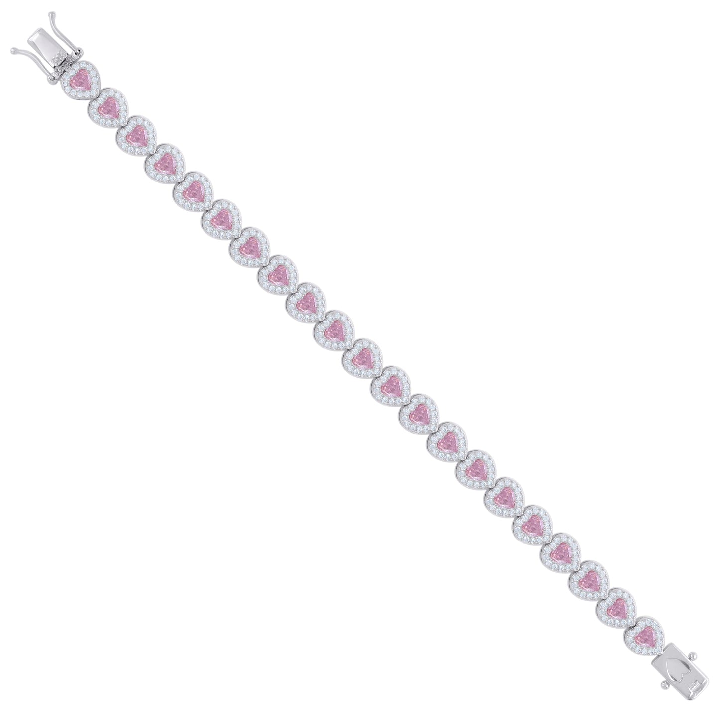 Sterling Silver Womens Light Pink White Heart Round Cubic-Zirconia Heart Fashion Link Bracelet 7.25