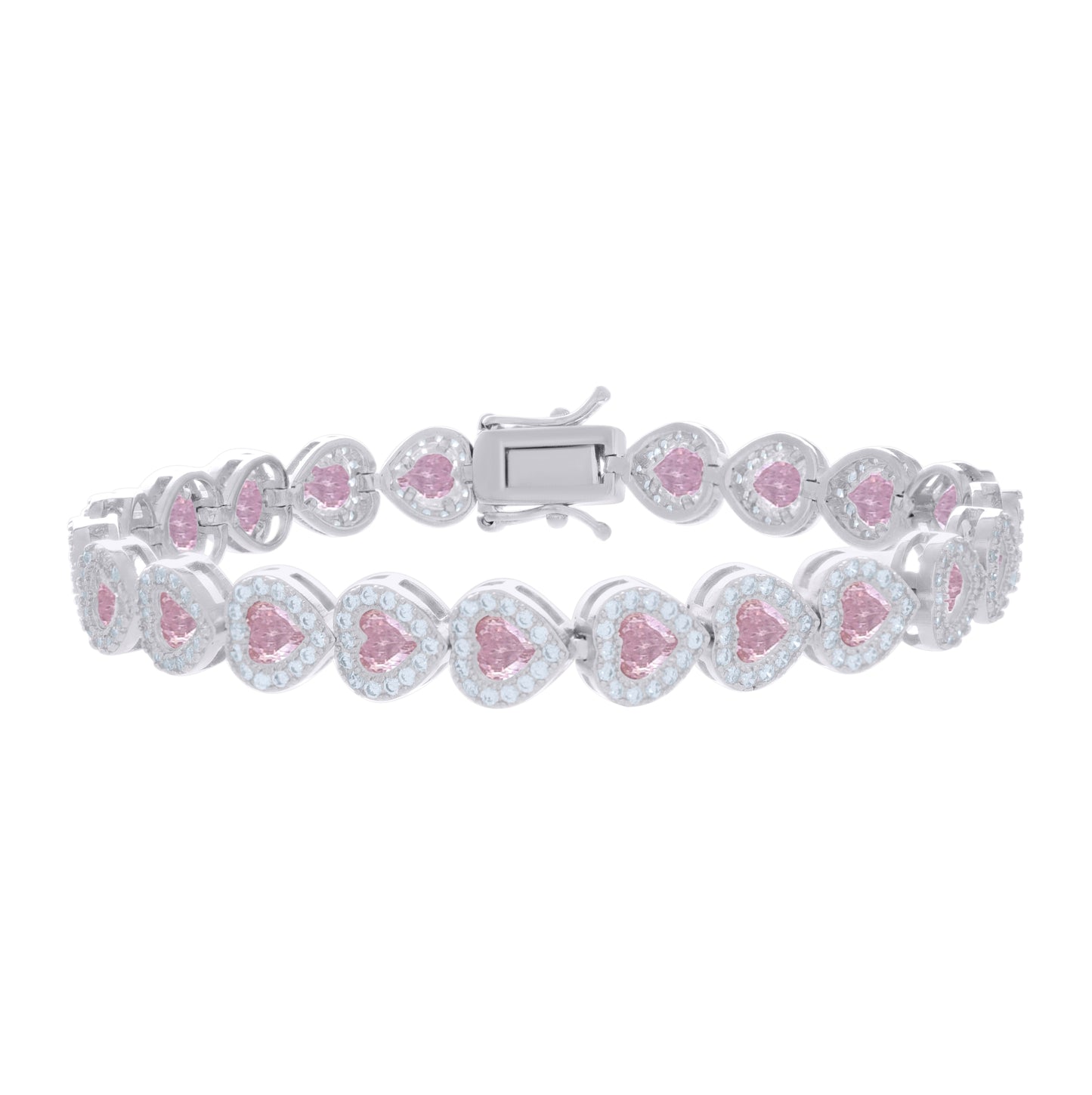 Sterling Silver Womens Light Pink White Heart Round Cubic-Zirconia Heart Fashion Link Bracelet 7.25