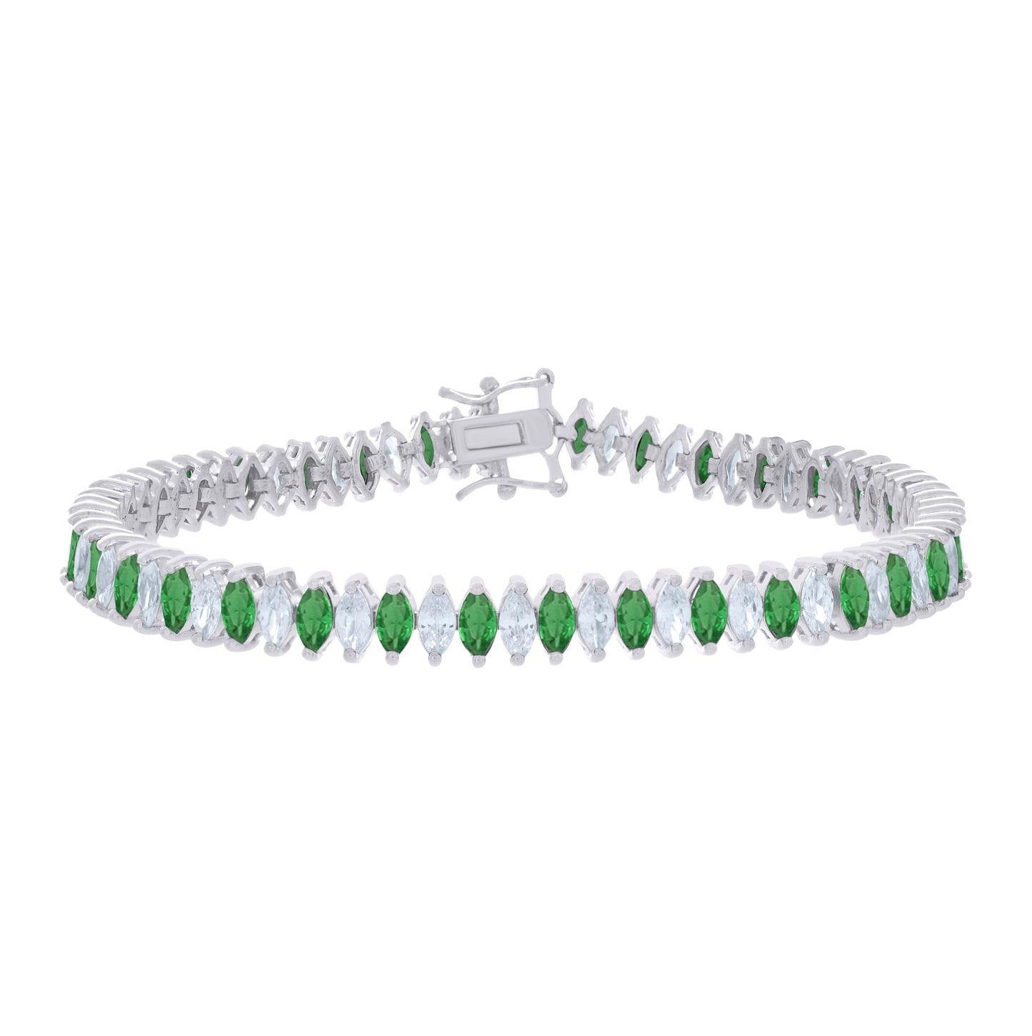 Sterling Silver Womens Green White Marquise Cubic-Zirconia Fashion Link Bracelet 7