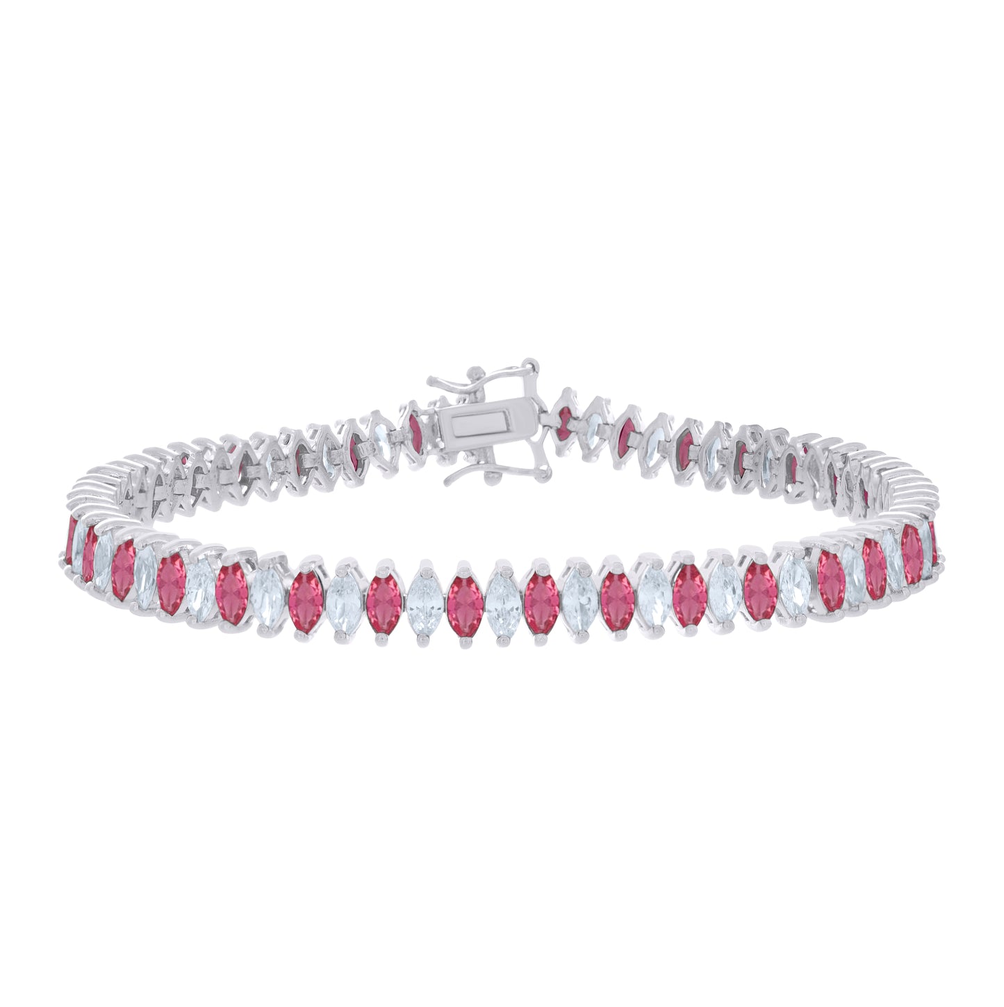 Sterling Silver Womens Pink White Marquise Cubic-Zirconia Fashion Link Bracelet 7.25