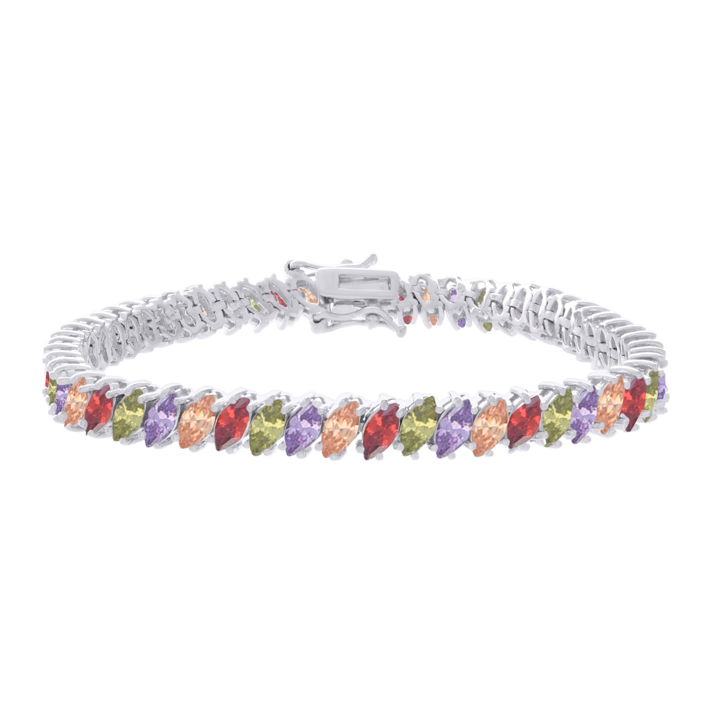 Sterling Silver Womens Multi-Color White Marquise Cubic-Zirconia Fashion Link Bracelet 7