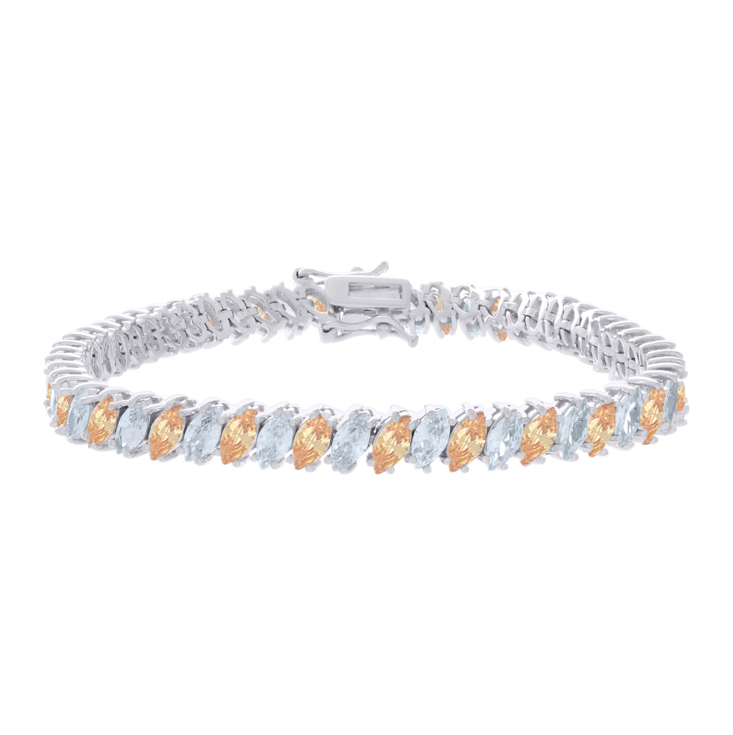 Sterling Silver Womens Orange White Marquise Cubic-Zirconia Fashion Link Bracelet 7
