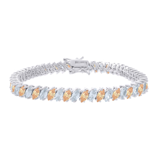 Sterling Silver Womens Orange White Marquise Cubic-Zirconia Fashion Link Bracelet 7