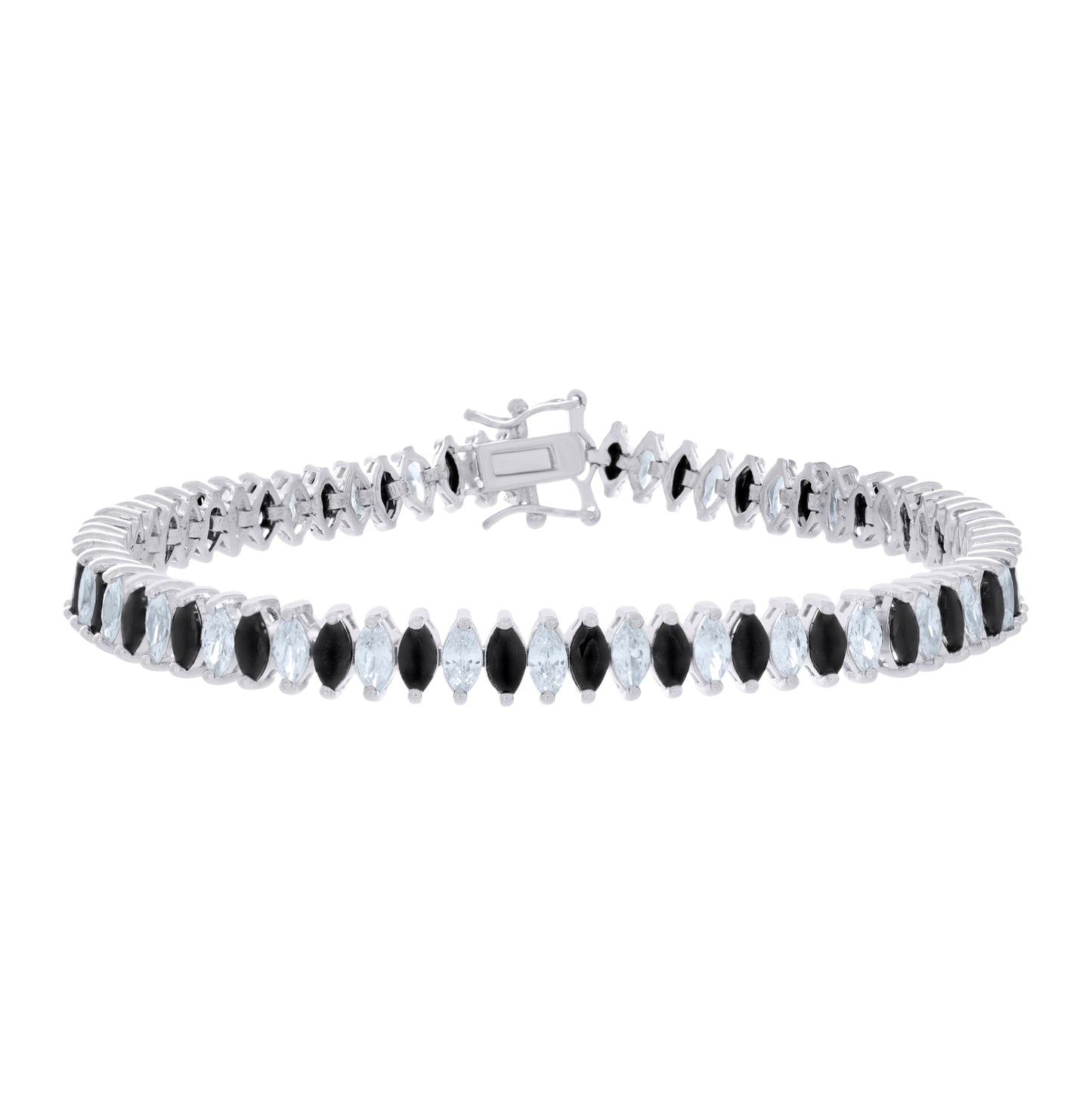 Sterling Silver Womens Black White Marquise Cubic-Zirconia Fashion Link Bracelet 7