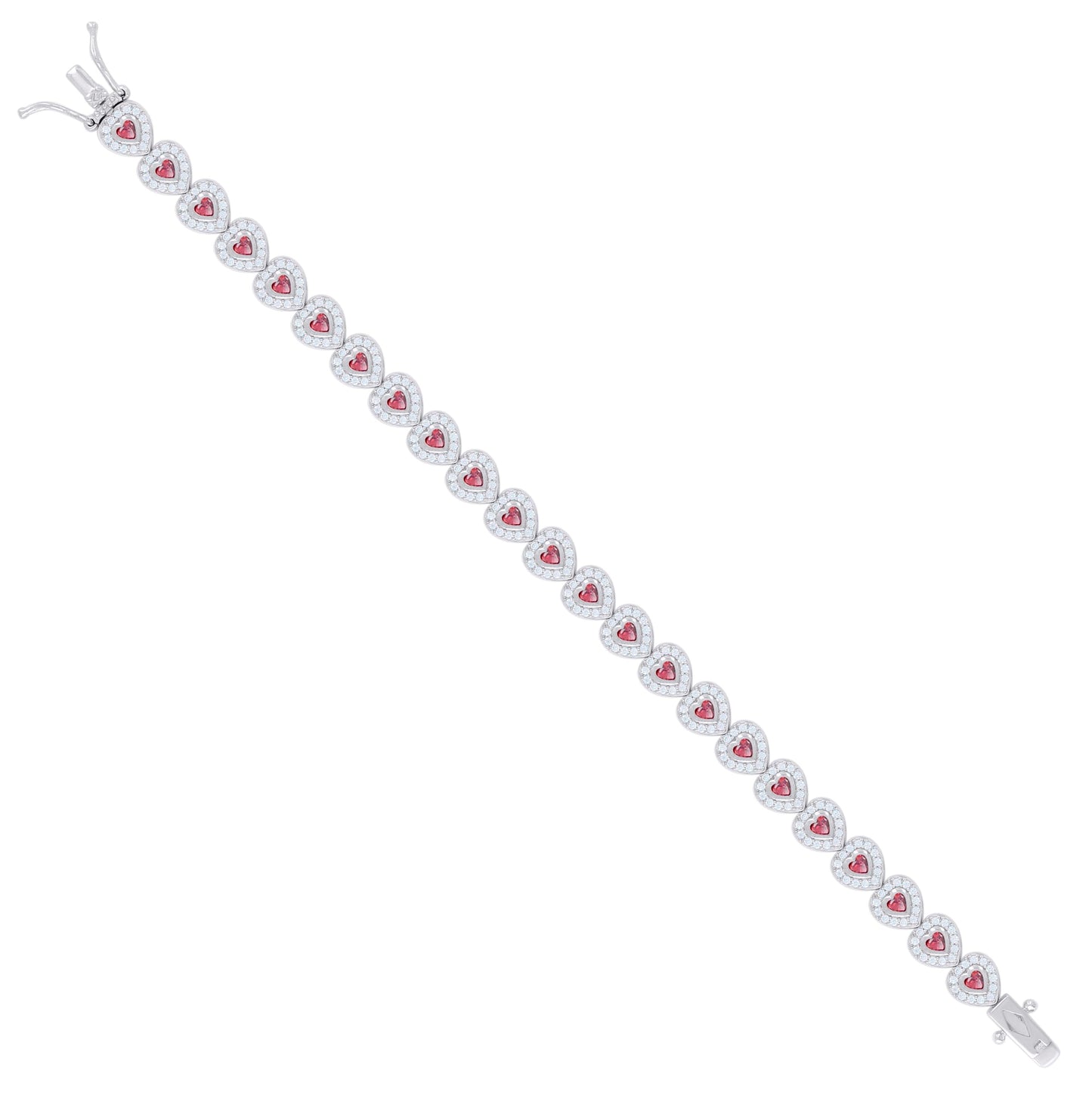 Sterling Silver Womens Red White Heart Round Cubic-Zirconia Heart Fashion Link Bracelet 7
