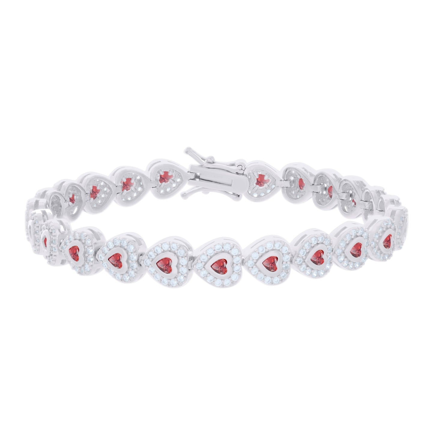 Sterling Silver Womens Red White Heart Round Cubic-Zirconia Heart Fashion Link Bracelet 7
