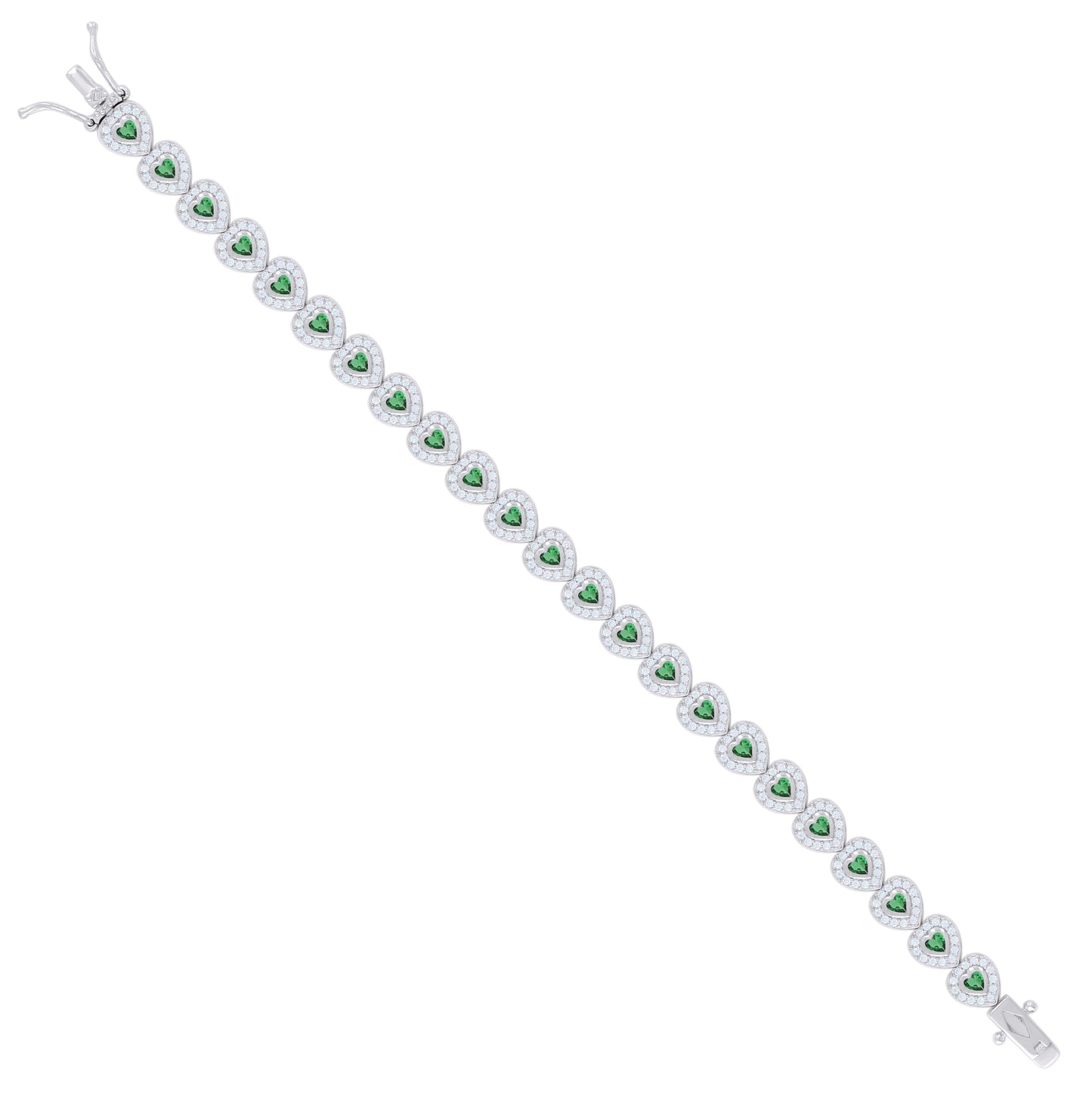 Sterling Silver Womens Green White Heart Round Cubic-Zirconia Heart Fashion Link Bracelet 7