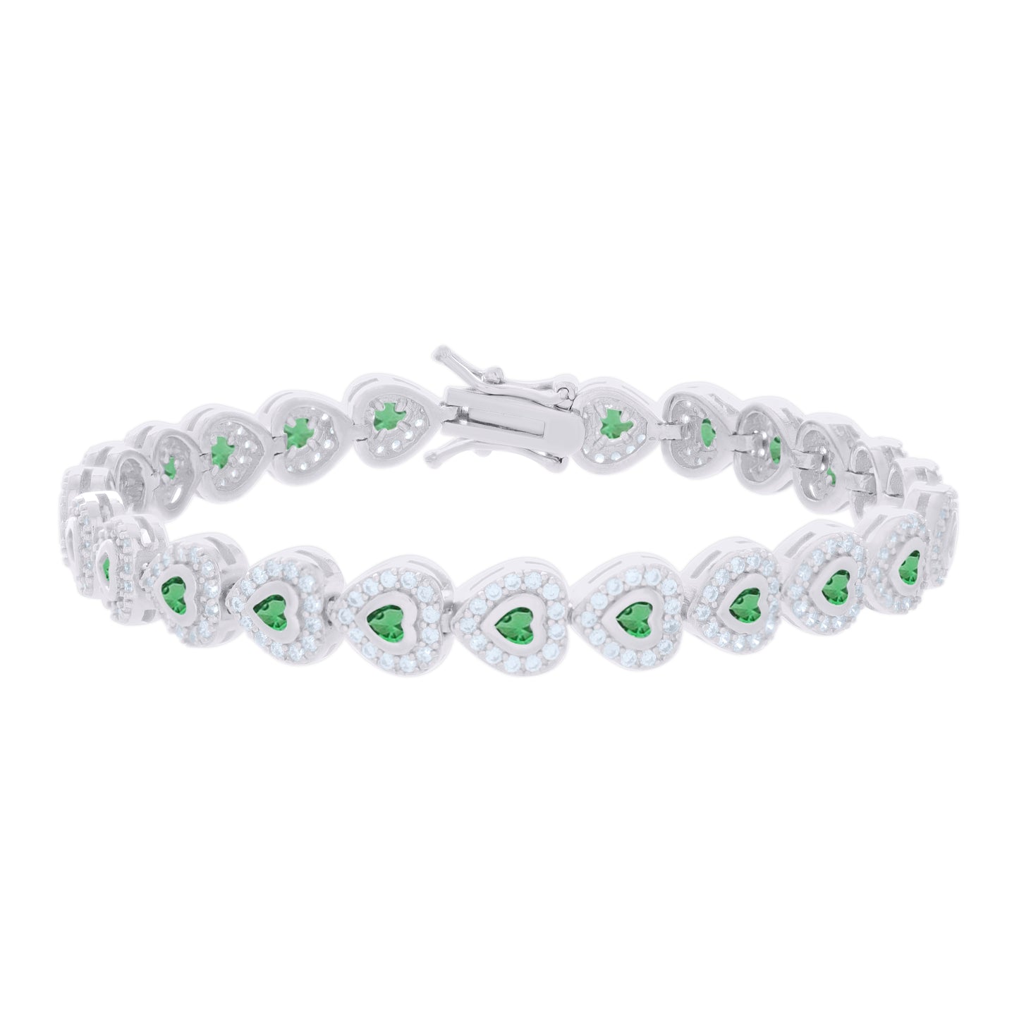 Sterling Silver Womens Green White Heart Round Cubic-Zirconia Heart Fashion Link Bracelet 7