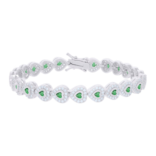 Sterling Silver Womens Green White Heart Round Cubic-Zirconia Heart Fashion Link Bracelet 7