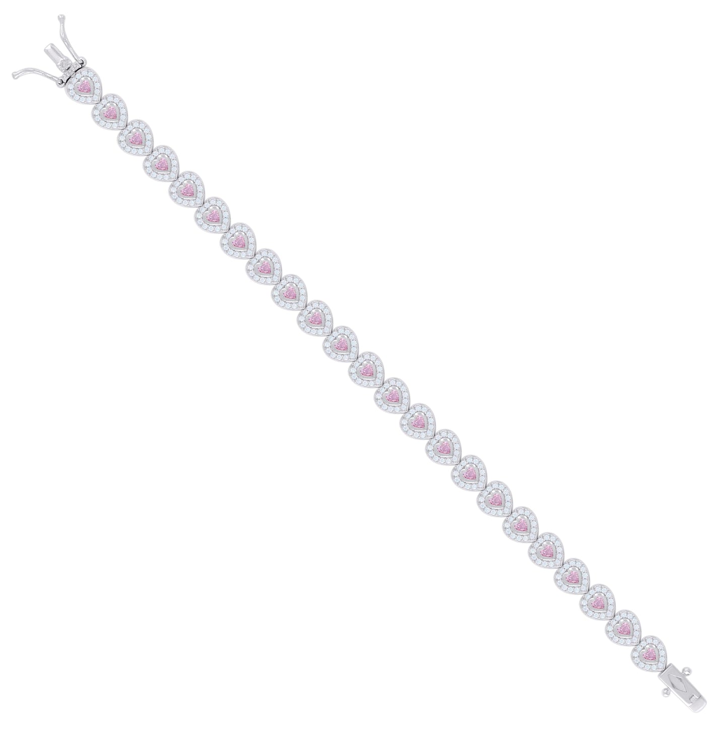 Sterling Silver Womens Light Pink White Heart Round Cubic-Zirconia Heart Fashion Link Bracelet 7