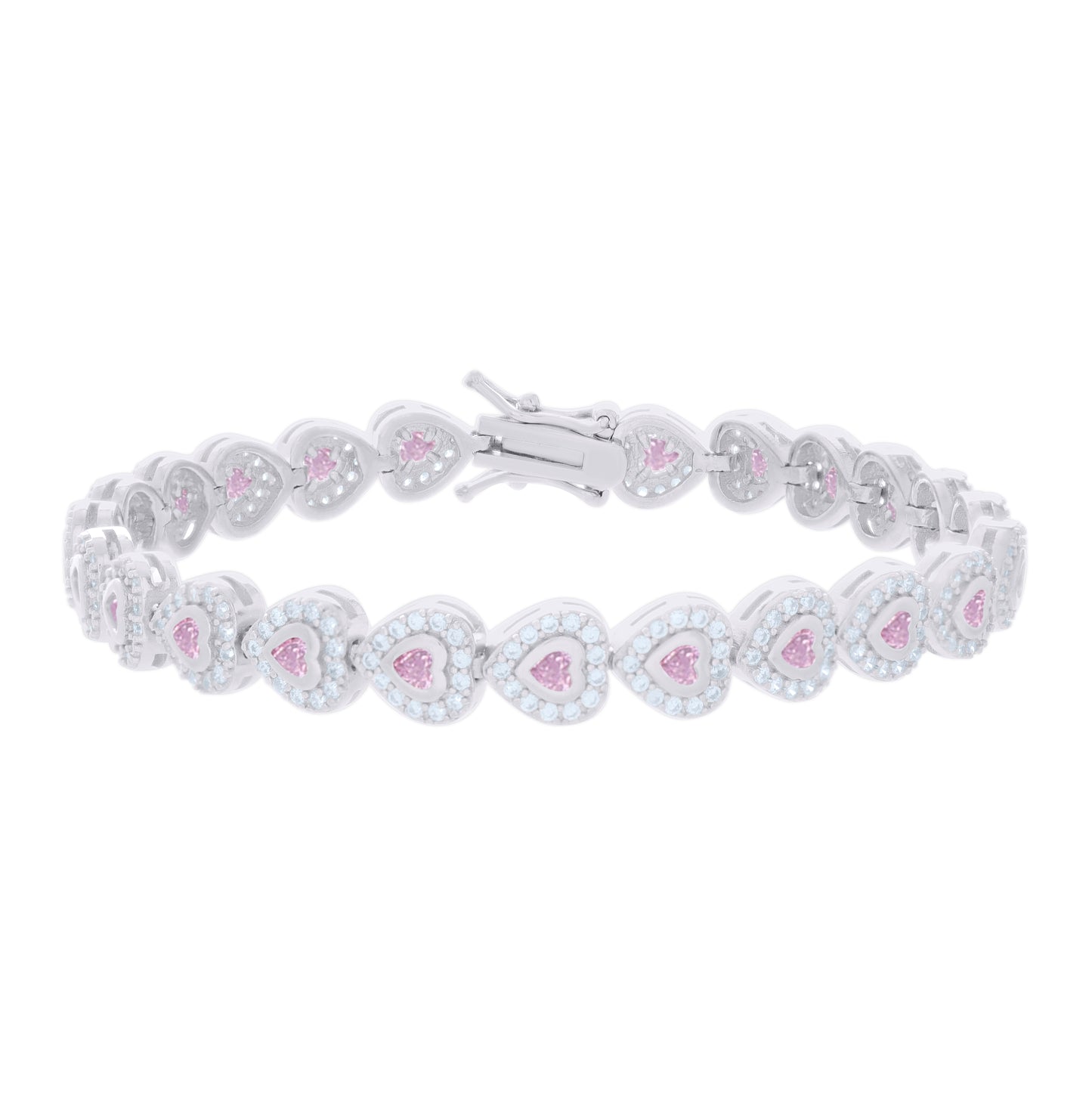 Sterling Silver Womens Light Pink White Heart Round Cubic-Zirconia Heart Fashion Link Bracelet 7