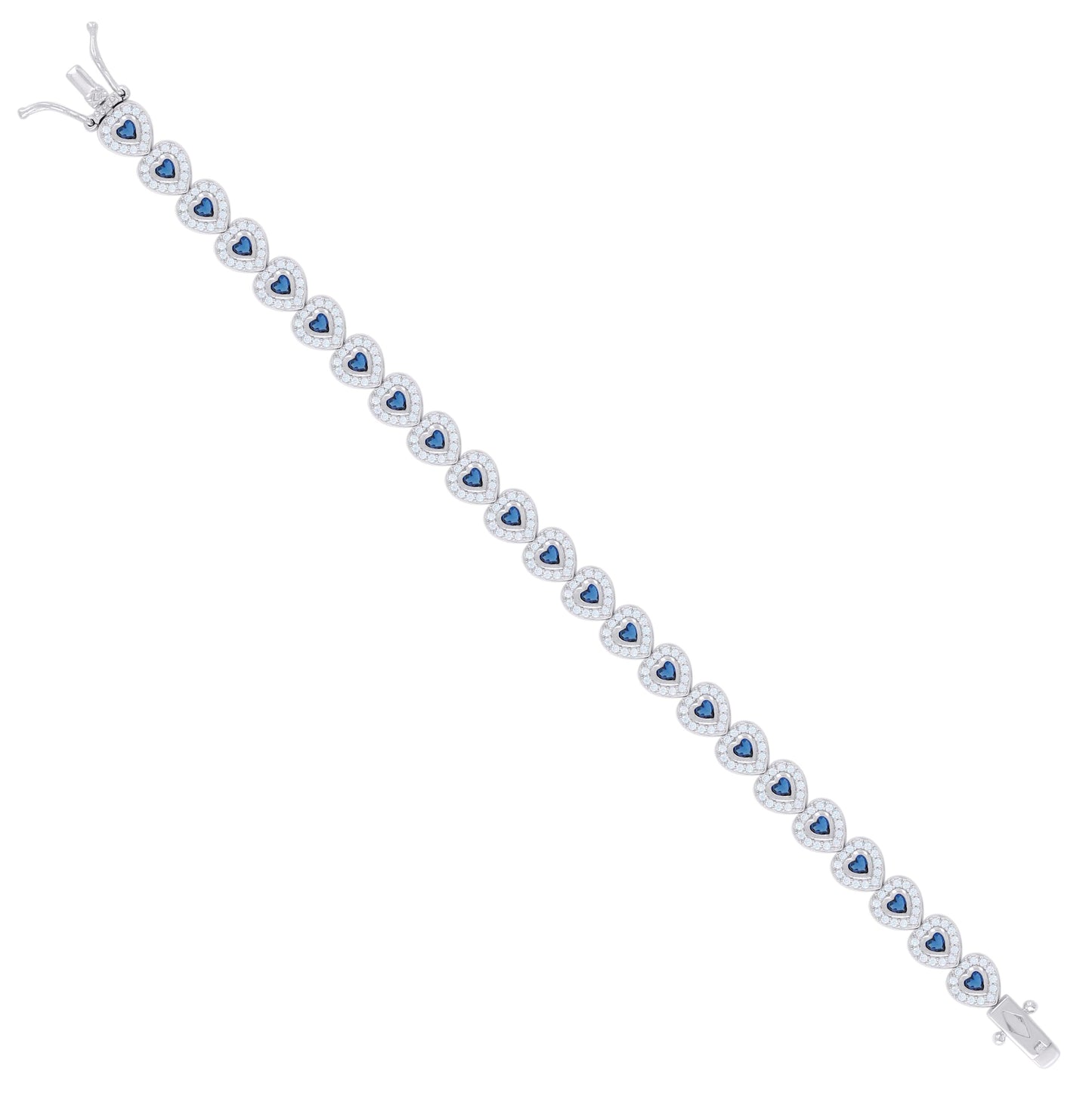 Sterling Silver Womens Blue White Heart Round Cubic-Zirconia Heart Fashion Link Bracelet 7