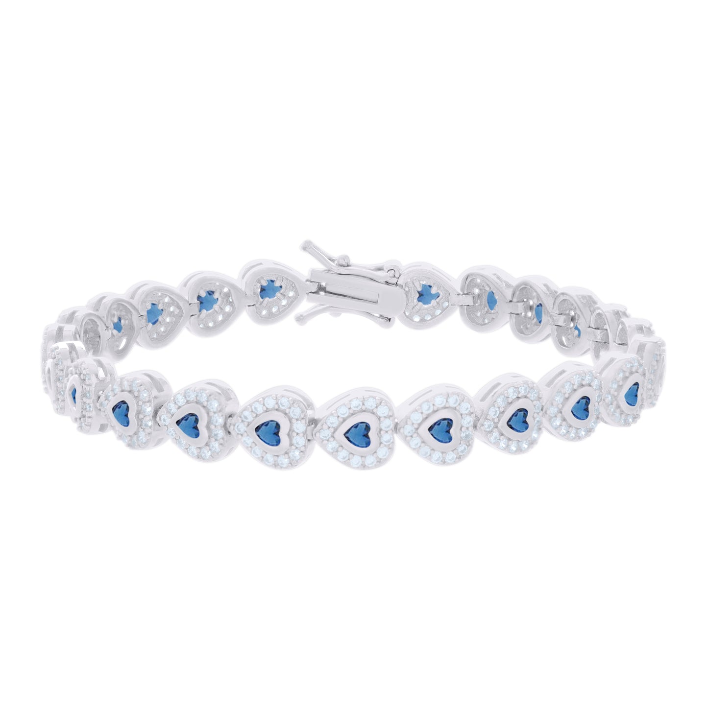 Sterling Silver Womens Blue White Heart Round Cubic-Zirconia Heart Fashion Link Bracelet 7