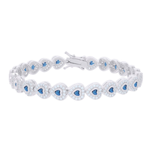 Sterling Silver Womens Blue White Heart Round Cubic-Zirconia Heart Fashion Link Bracelet 7