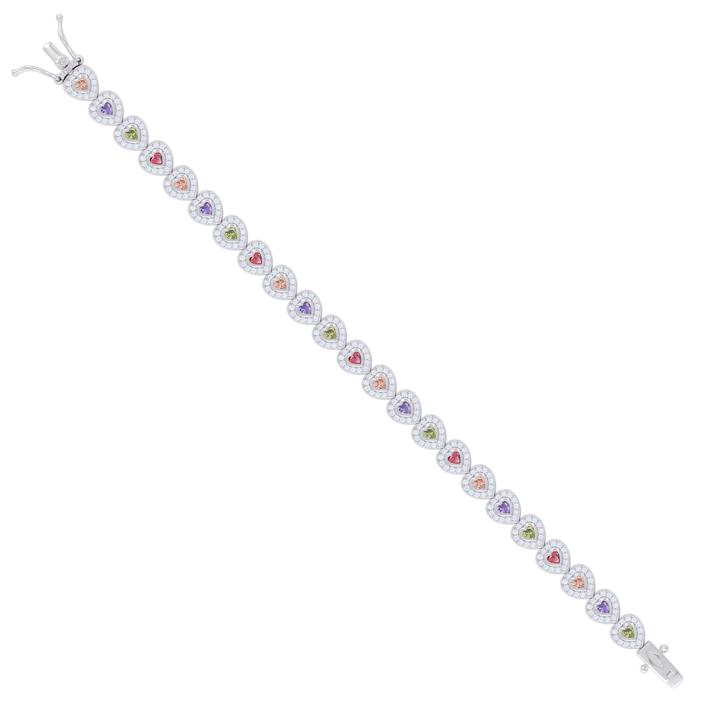 Sterling Silver Womens Multi-Color White Heart Round Cubic-Zirconia Heart Fashion Link Bracelet 7