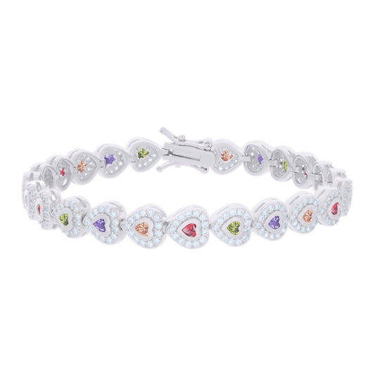 Sterling Silver Womens Multi-Color White Heart Round Cubic-Zirconia Heart Fashion Link Bracelet 7