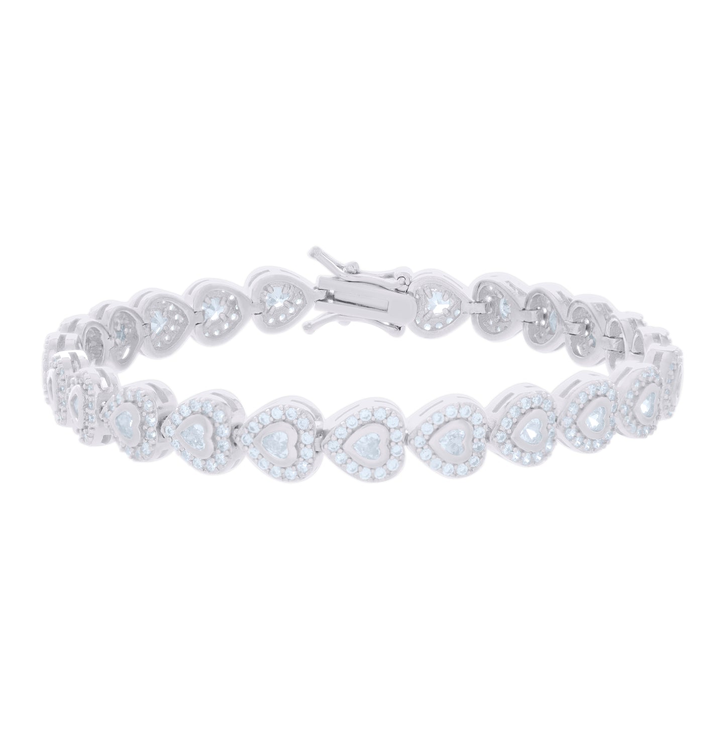 Sterling Silver Womens Heart Round Cubic-Zirconia Heart Fashion Link Bracelet 7