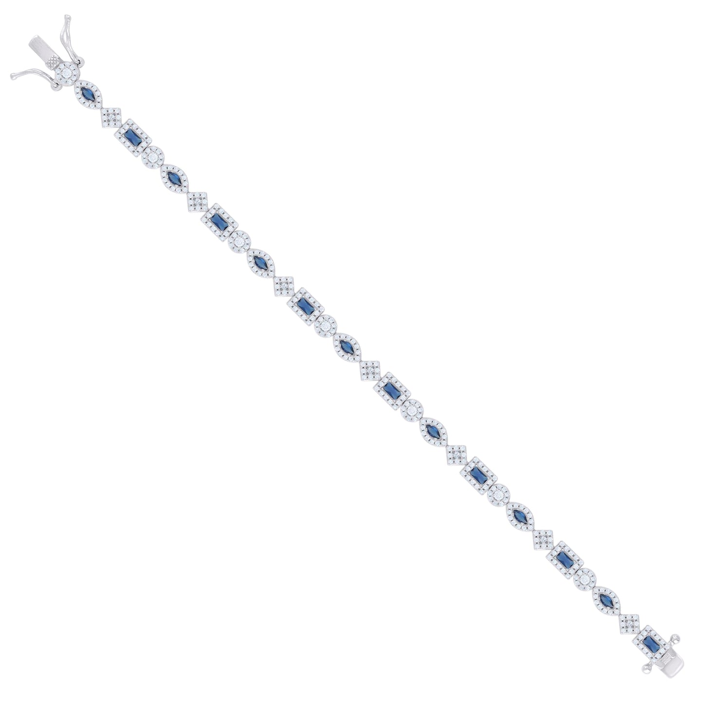 Sterling Silver Womens Blue White Baguette/Marquise Round Cubic-Zirconia Fashion Link Bracelet 7