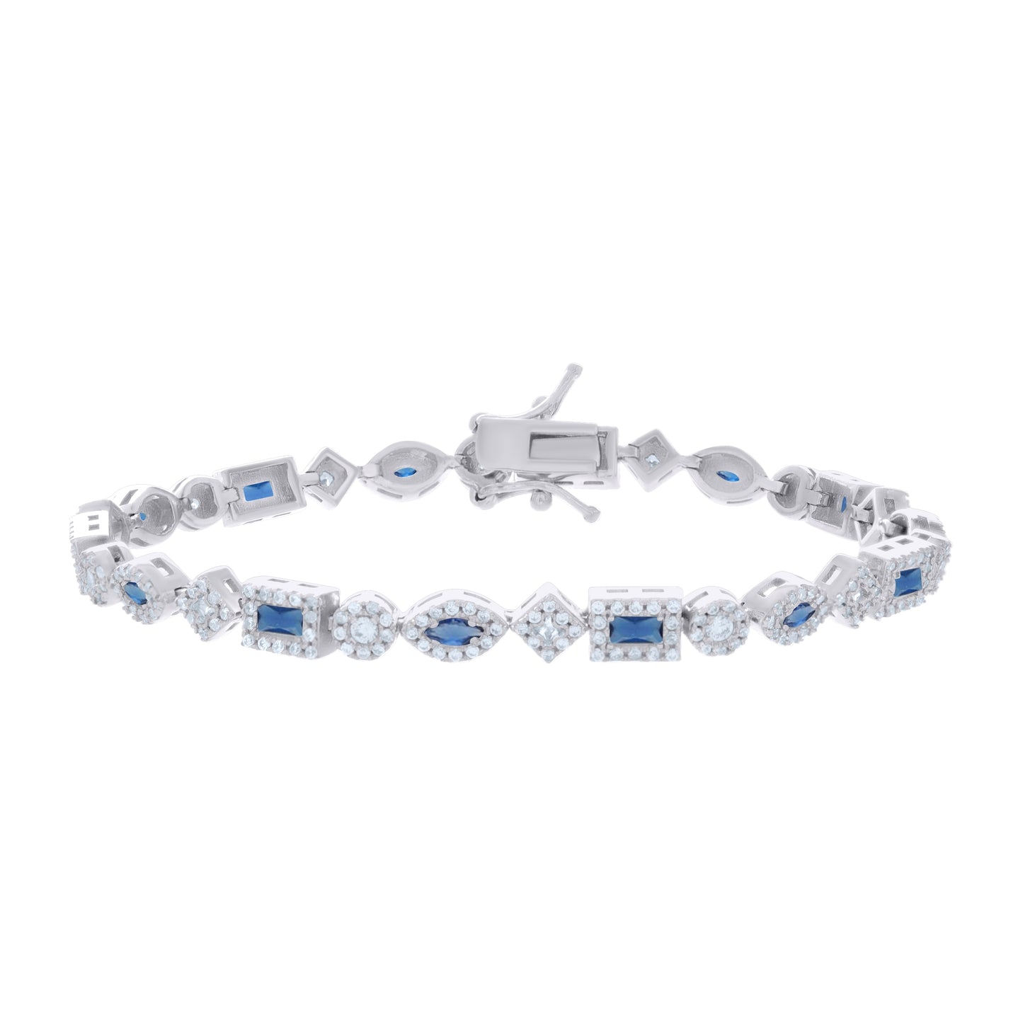 Sterling Silver Womens Blue White Baguette/Marquise Round Cubic-Zirconia Fashion Link Bracelet 7