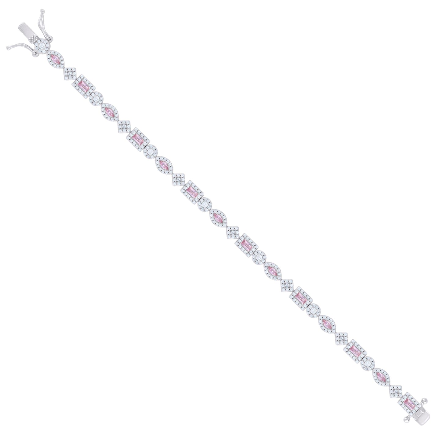Sterling Silver Womens Light Pink White Baguette/Marquise Round Cubic-Zirconia Fashion Link Bracelet 7