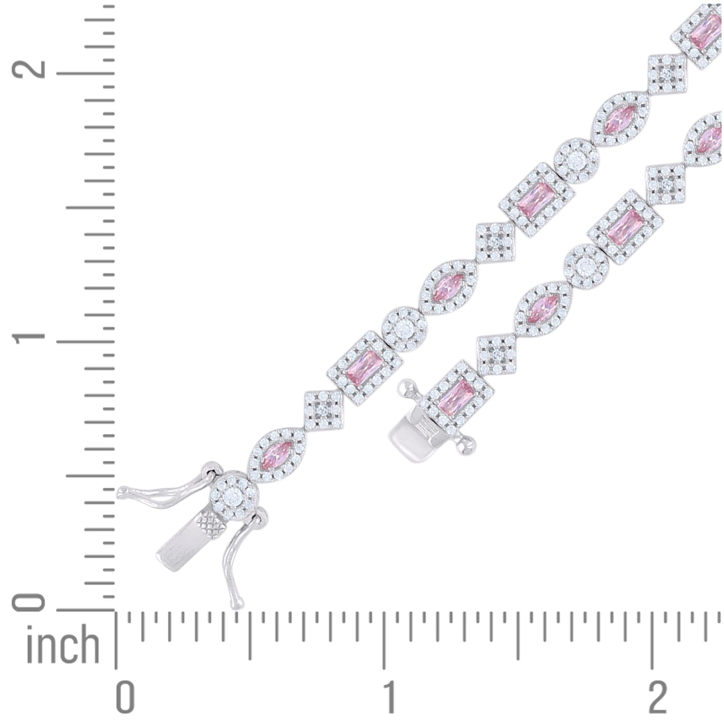 Sterling Silver Womens Light Pink White Baguette/Marquise Round Cubic-Zirconia Fashion Link Bracelet 7