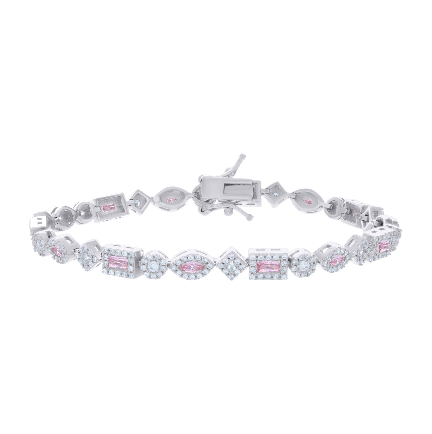 Sterling Silver Womens Light Pink White Baguette/Marquise Round Cubic-Zirconia Fashion Link Bracelet 7