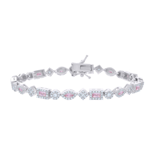 Sterling Silver Womens Light Pink White Baguette/Marquise Round Cubic-Zirconia Fashion Link Bracelet 7