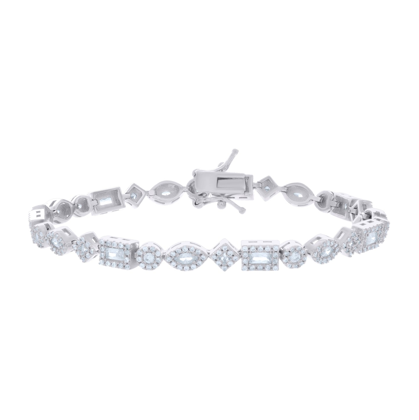 Sterling Silver Womens Baguette/Marquise Round Cubic-Zirconia Fashion Link Bracelet 7