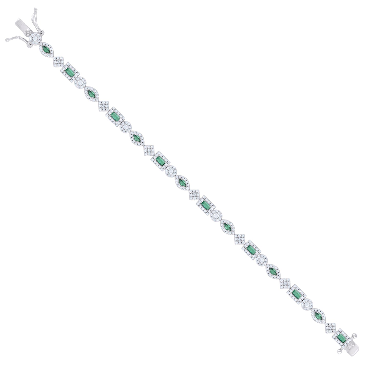 Sterling Silver Womens Green White Baguette/Marquise Round Cubic-Zirconia Fashion Link Bracelet 7