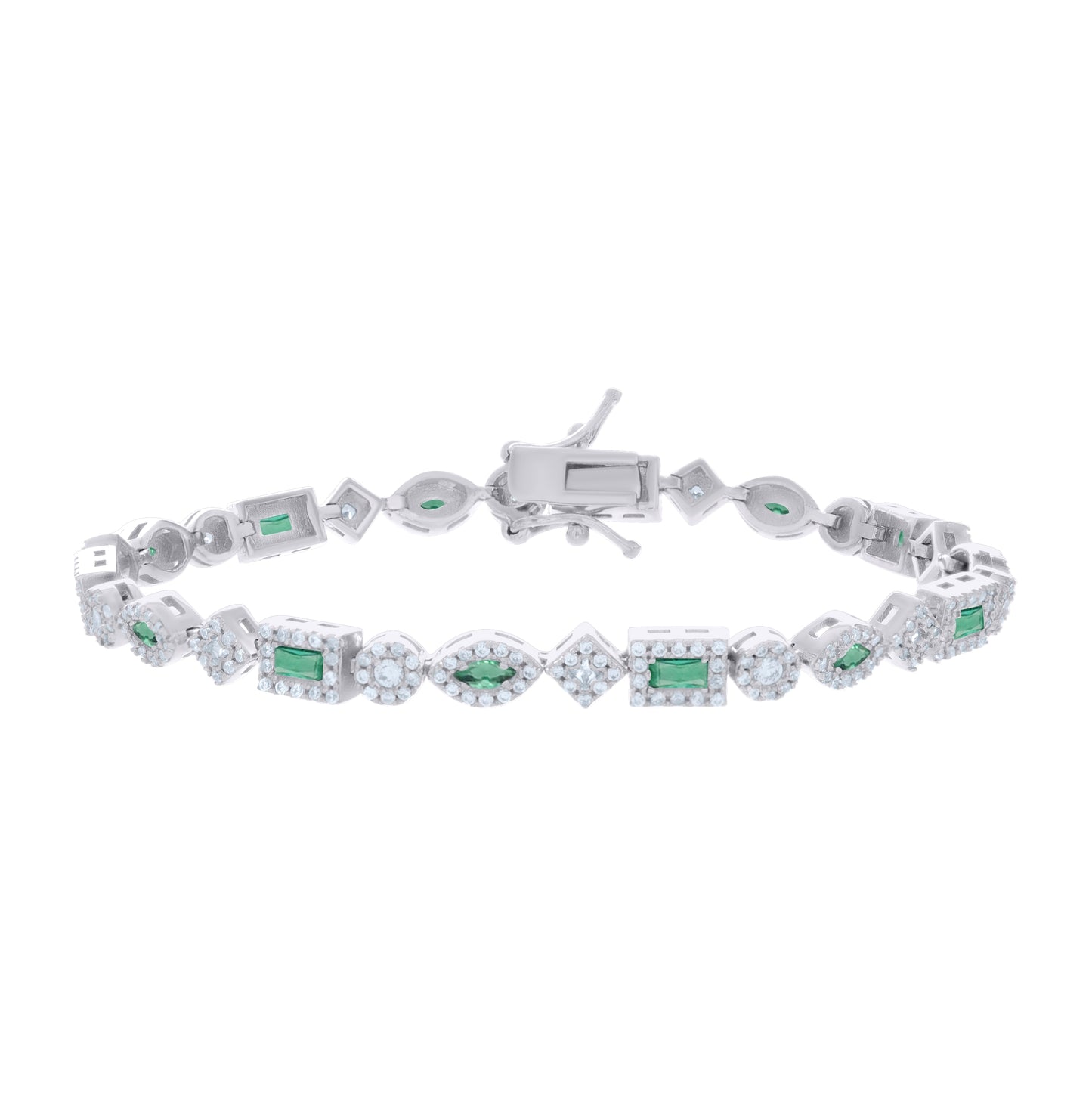 Sterling Silver Womens Green White Baguette/Marquise Round Cubic-Zirconia Fashion Link Bracelet 7