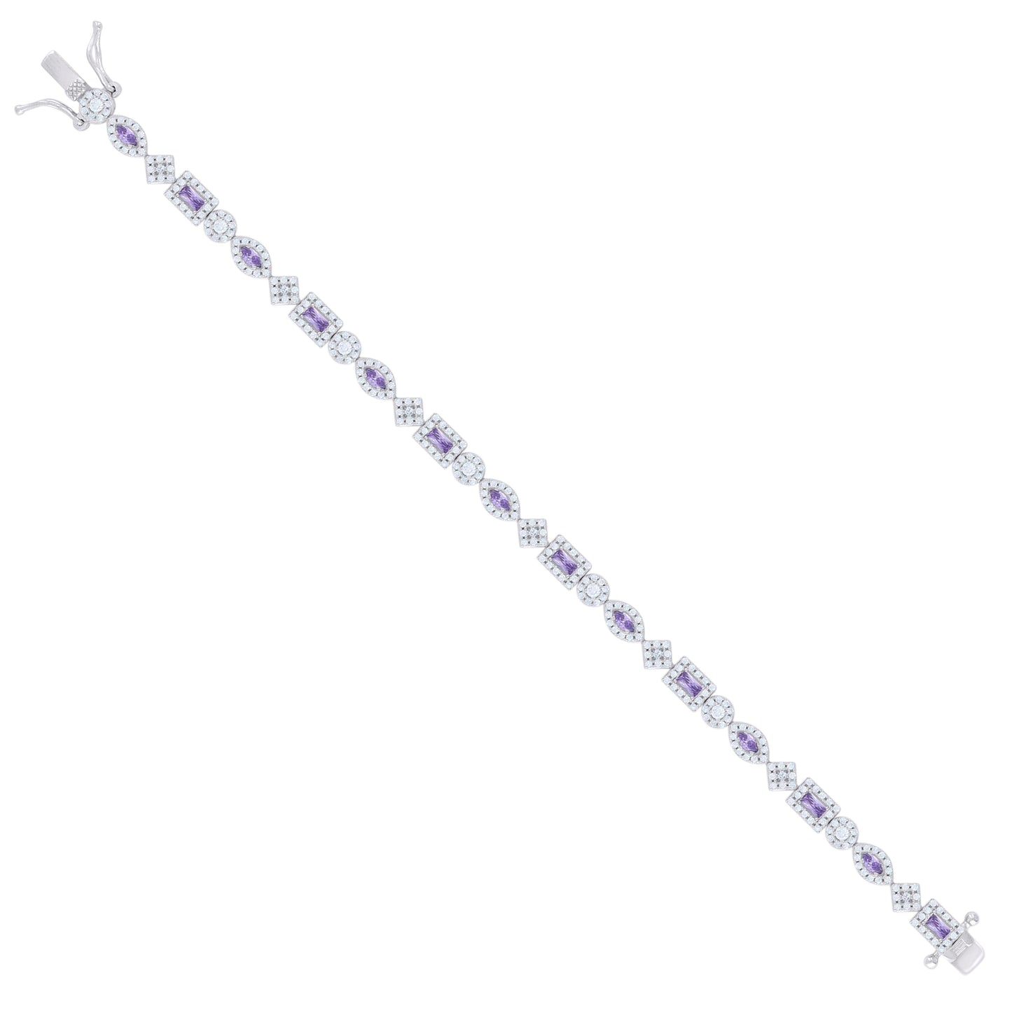 Sterling Silver Womens Purple White Baguette/Marquise Round Cubic-Zirconia Fashion Link Bracelet 7