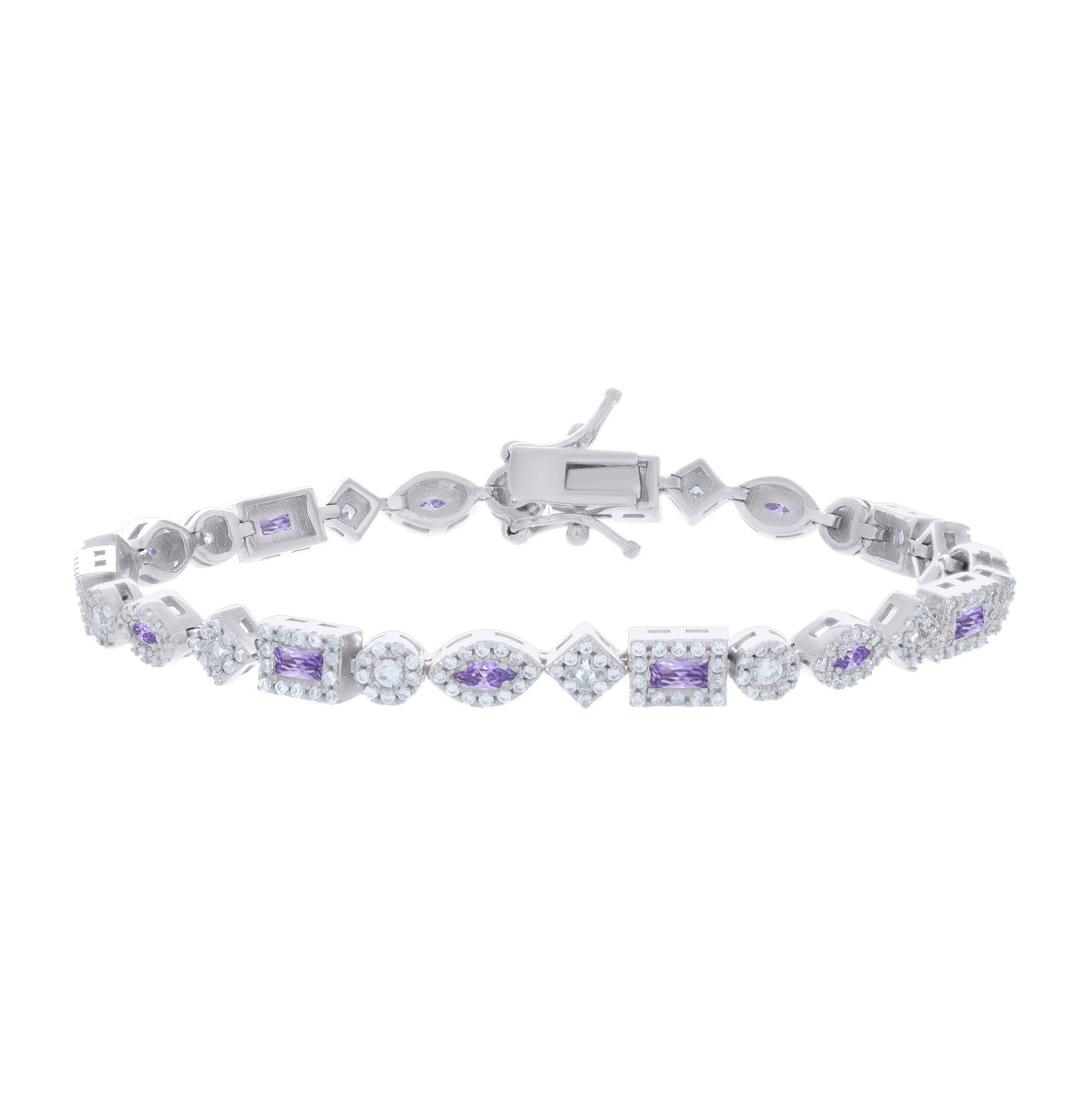 Sterling Silver Womens Purple White Baguette/Marquise Round Cubic-Zirconia Fashion Link Bracelet 7