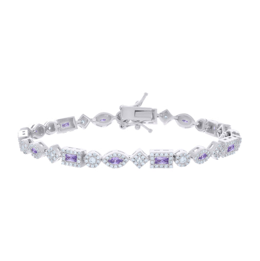 Sterling Silver Womens Purple White Baguette/Marquise Round Cubic-Zirconia Fashion Link Bracelet 7