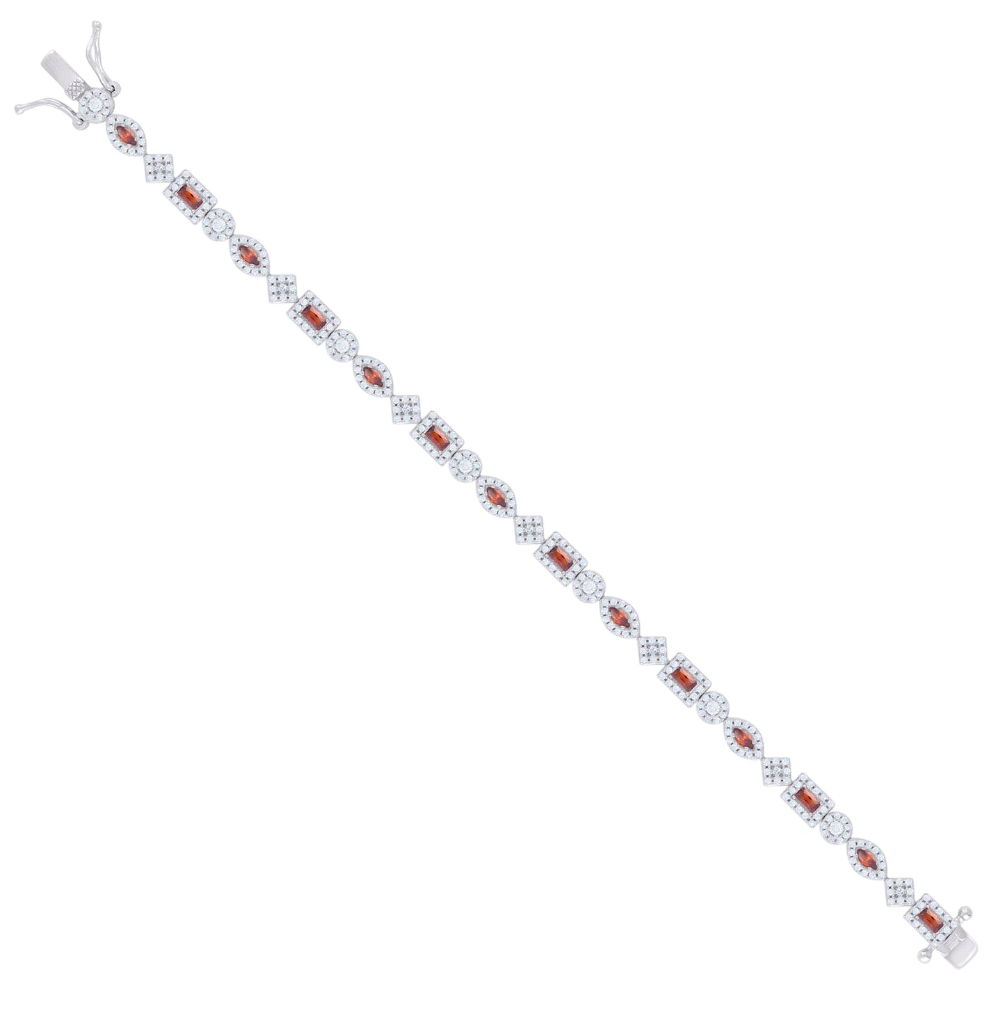 Sterling Silver Womens Red White Baguette/Marquise Round Cubic-Zirconia Fashion Link Bracelet 7.25