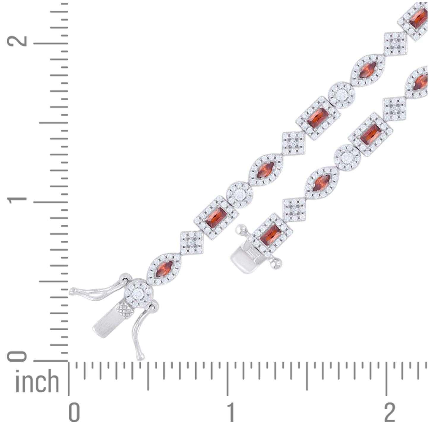 Sterling Silver Womens Red White Baguette/Marquise Round Cubic-Zirconia Fashion Link Bracelet 7.25