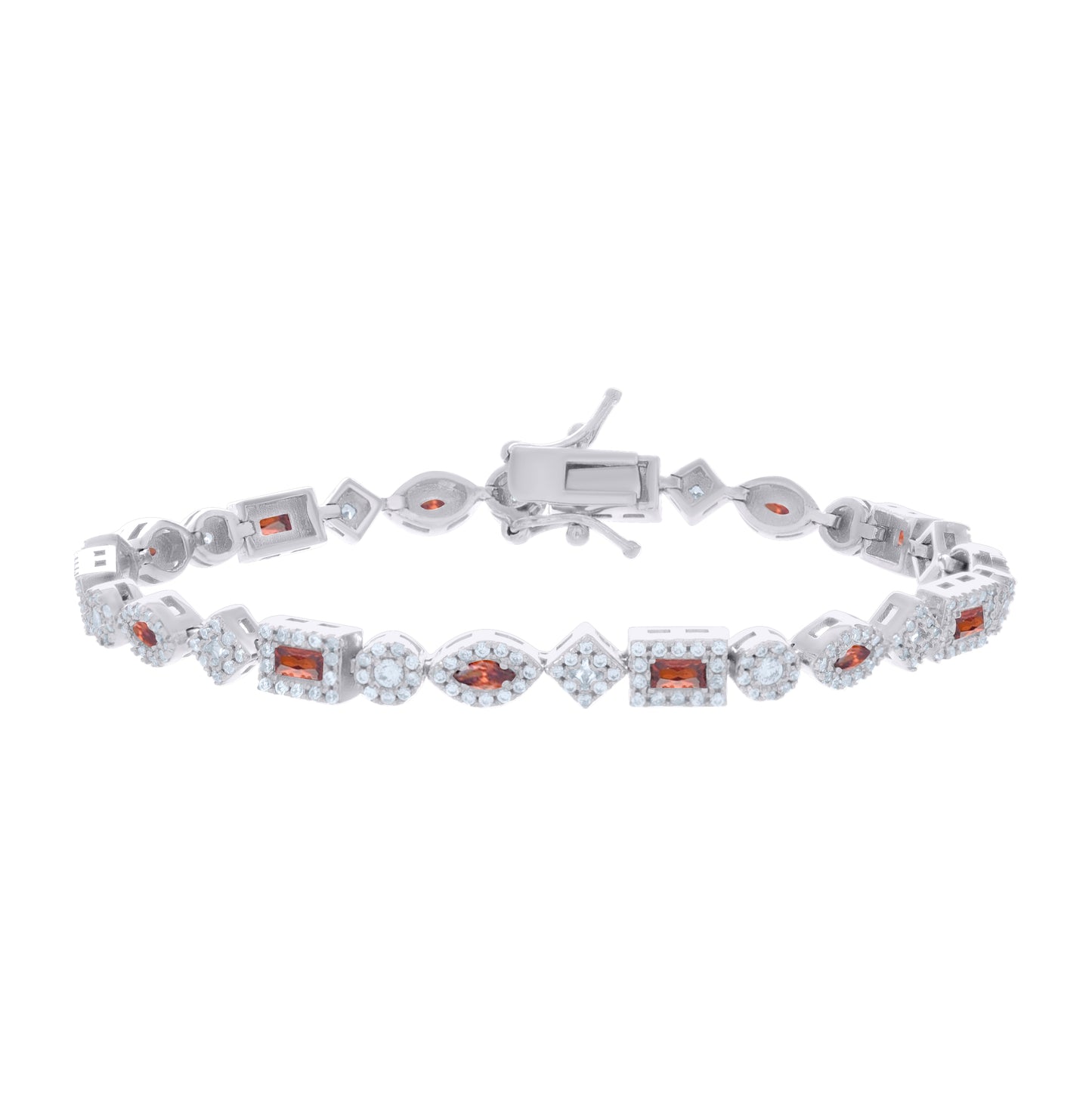Sterling Silver Womens Red White Baguette/Marquise Round Cubic-Zirconia Fashion Link Bracelet 7.25