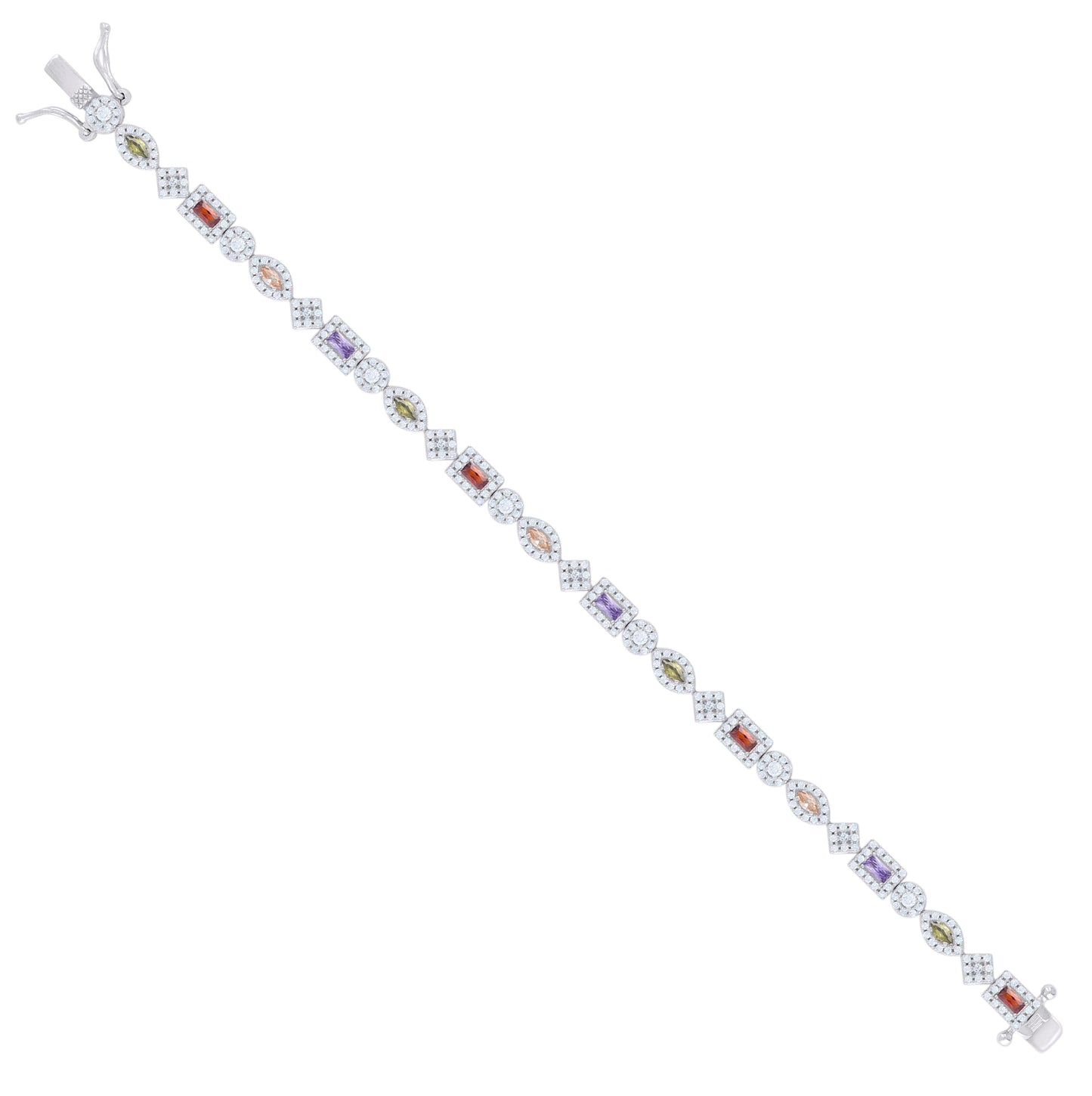 Sterling Silver Womens Multi-Color White Baguette/Marquise Round Cubic-Zirconia Fashion Link Bracelet 7.25