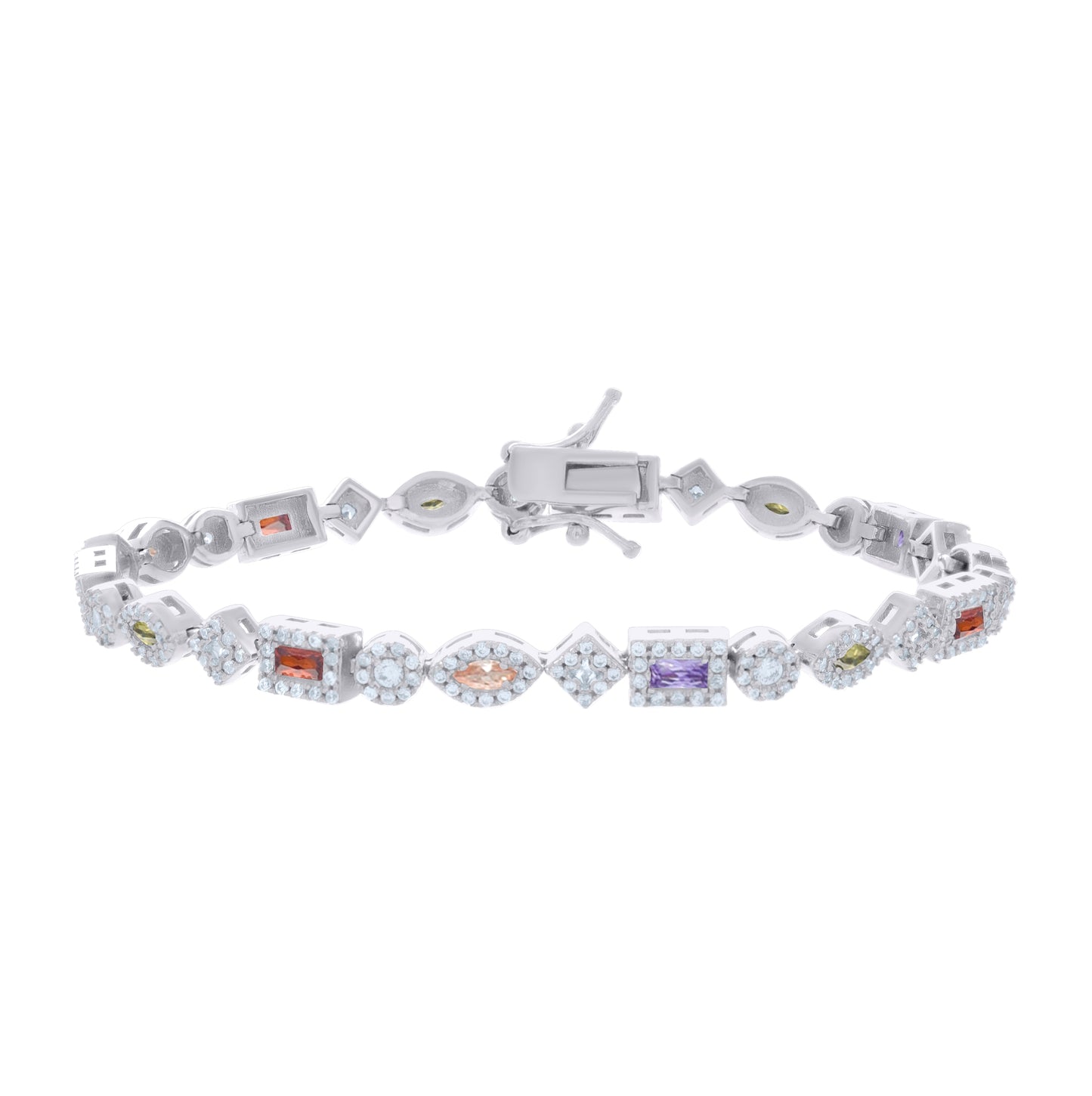 Sterling Silver Womens Multi-Color White Baguette/Marquise Round Cubic-Zirconia Fashion Link Bracelet 7.25