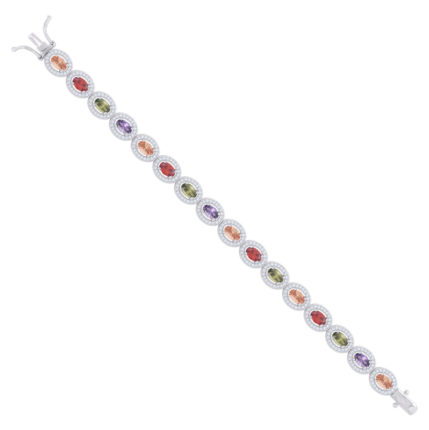 Sterling Silver Womens Multi-Color White Oval Round Cubic-Zirconia Oval Fashion Link Bracelet 7